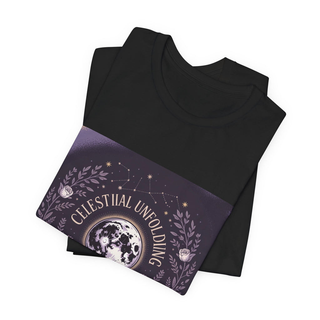 Celestial Unfolding Graphic Tee — Moon & Floral Astrology Shirt