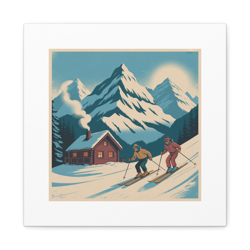 Retro Ski Mountain Canvas Print — Vintage Winter Cabin Art