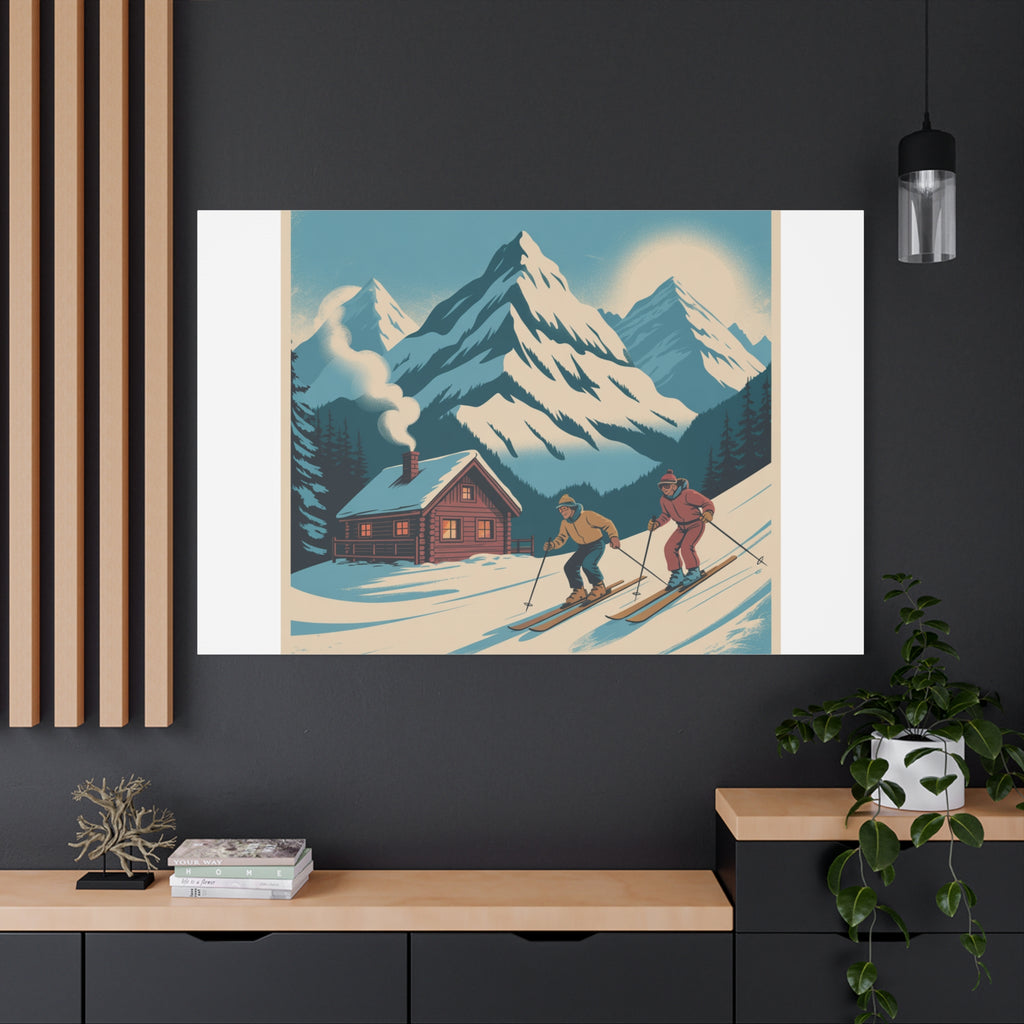 Retro Ski Mountain Canvas Print — Vintage Winter Cabin Art