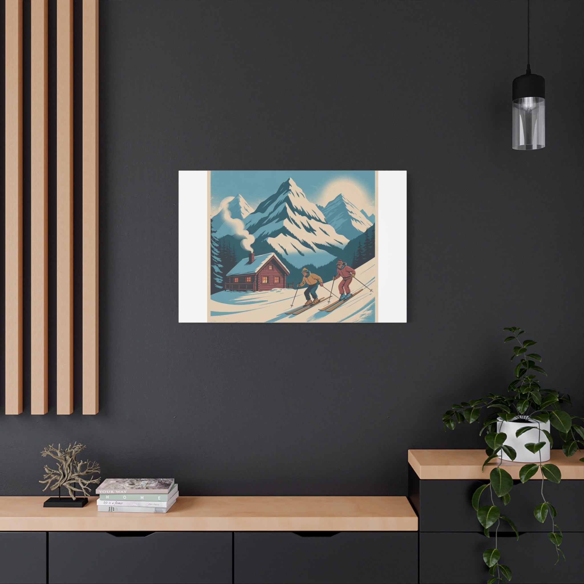 Retro Ski Mountain Canvas Print — Vintage Winter Cabin Art