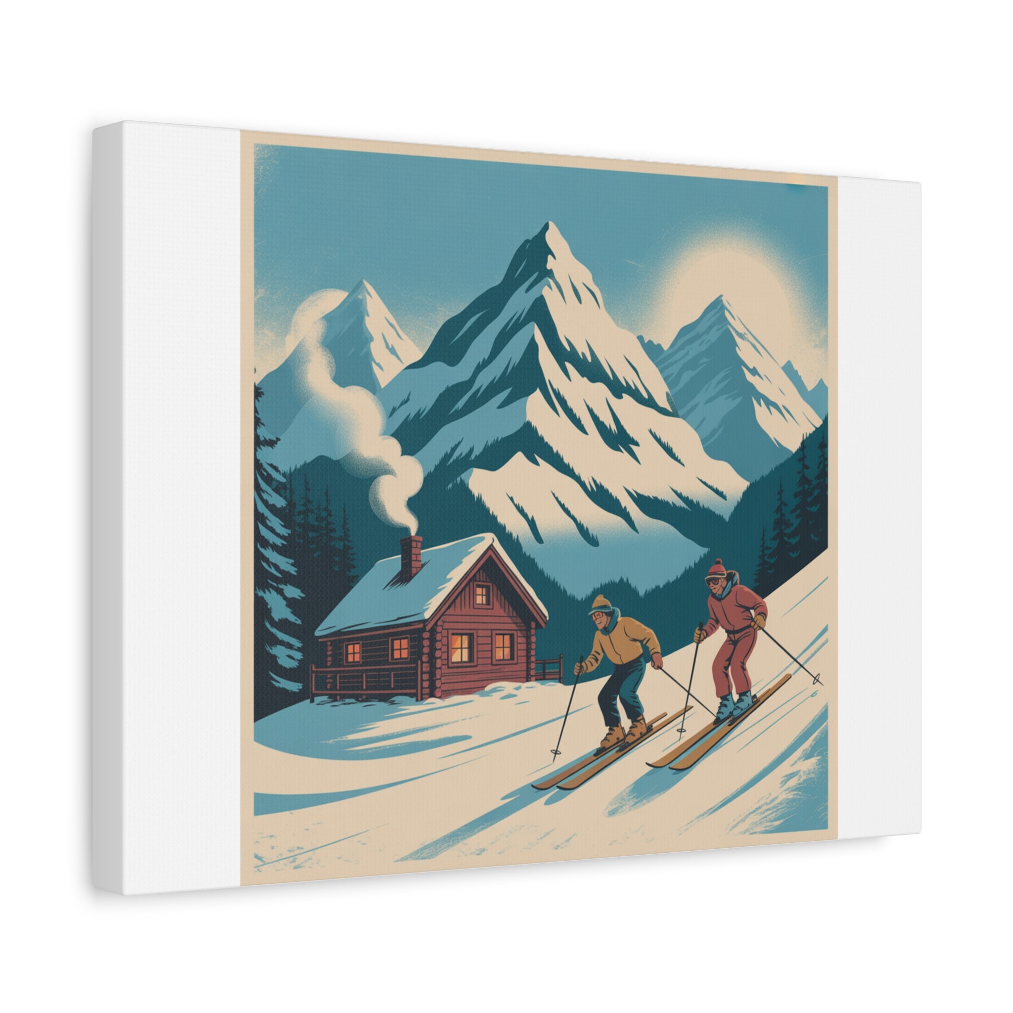 Retro Ski Mountain Canvas Print — Vintage Winter Cabin Art