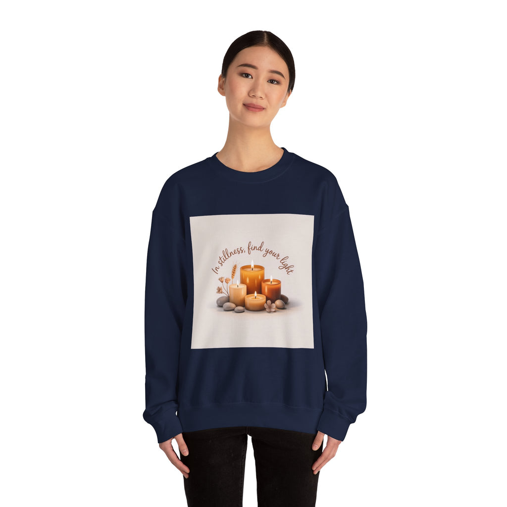 Cozy Candle Crewneck Sweatshirt — "In Stillness Find Your Light" Relaxation Pullover