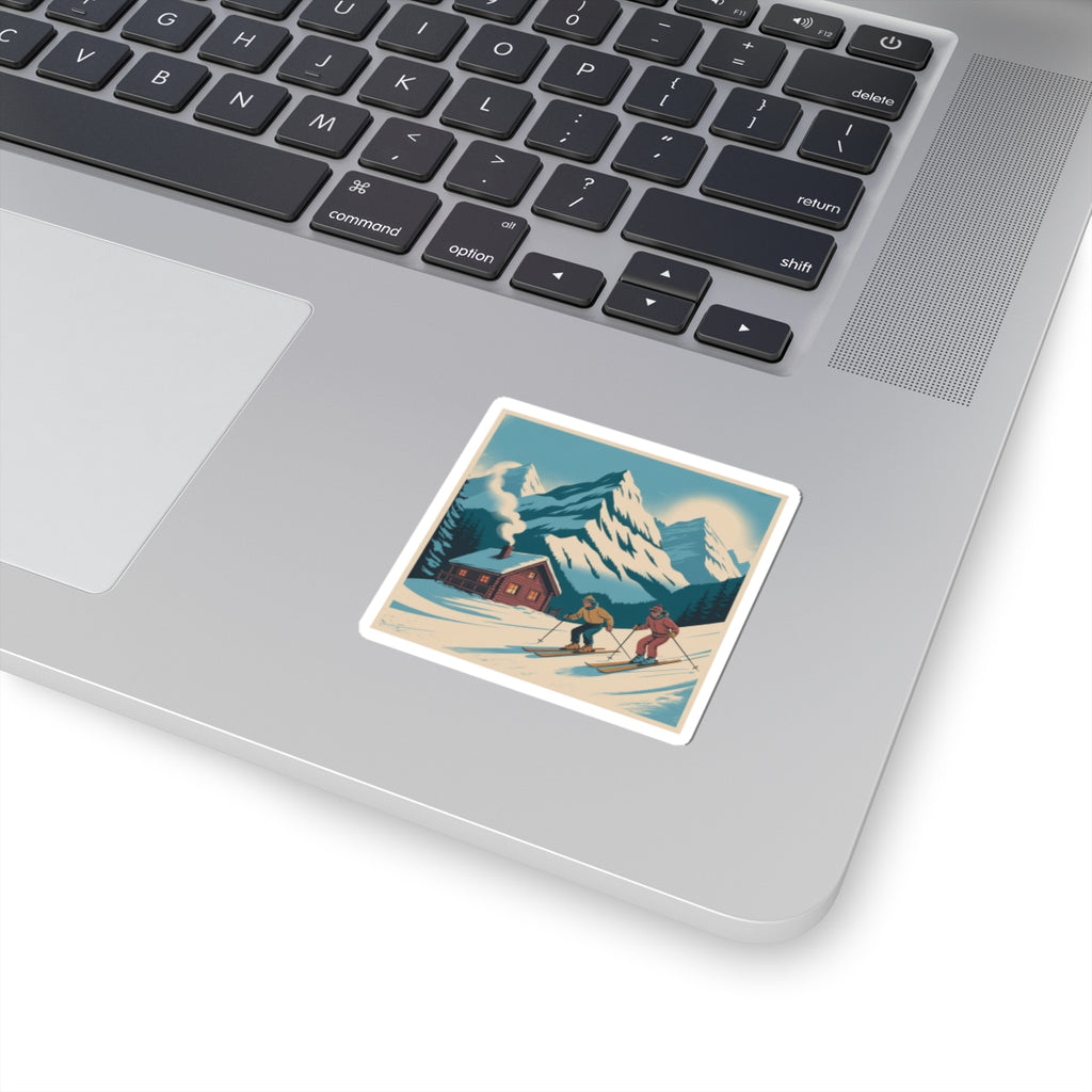 Retro Skiing Mountain Sticker — Vintage Winter Cabin Skiers Kiss-Cut Sticker