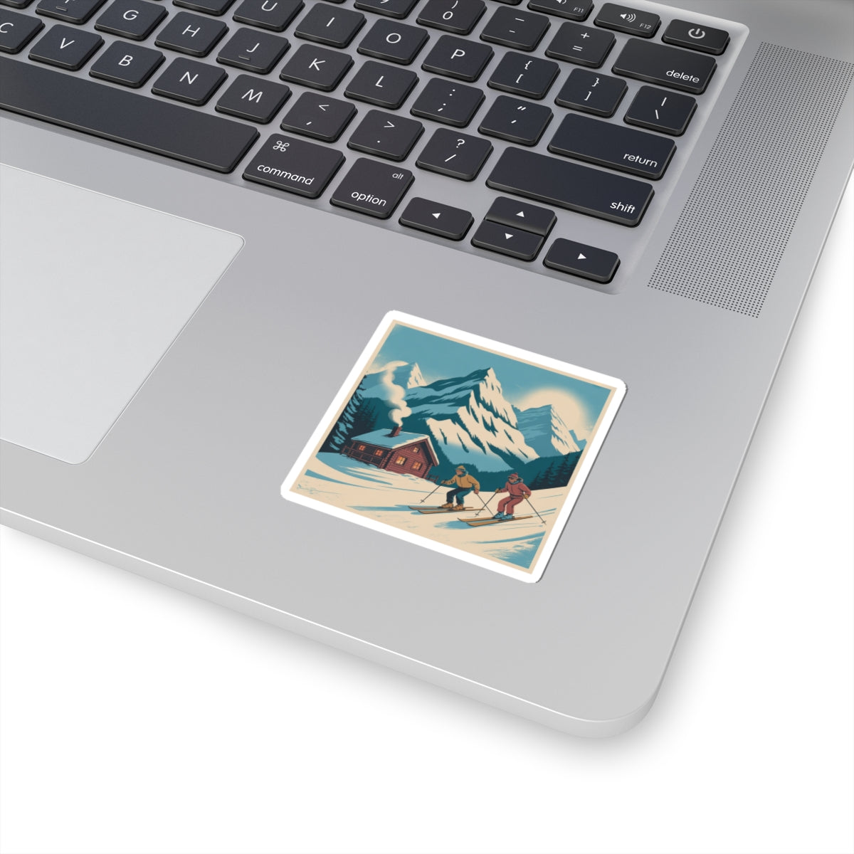 Retro Skiing Mountain Sticker — Vintage Winter Cabin Skiers Kiss-Cut Sticker