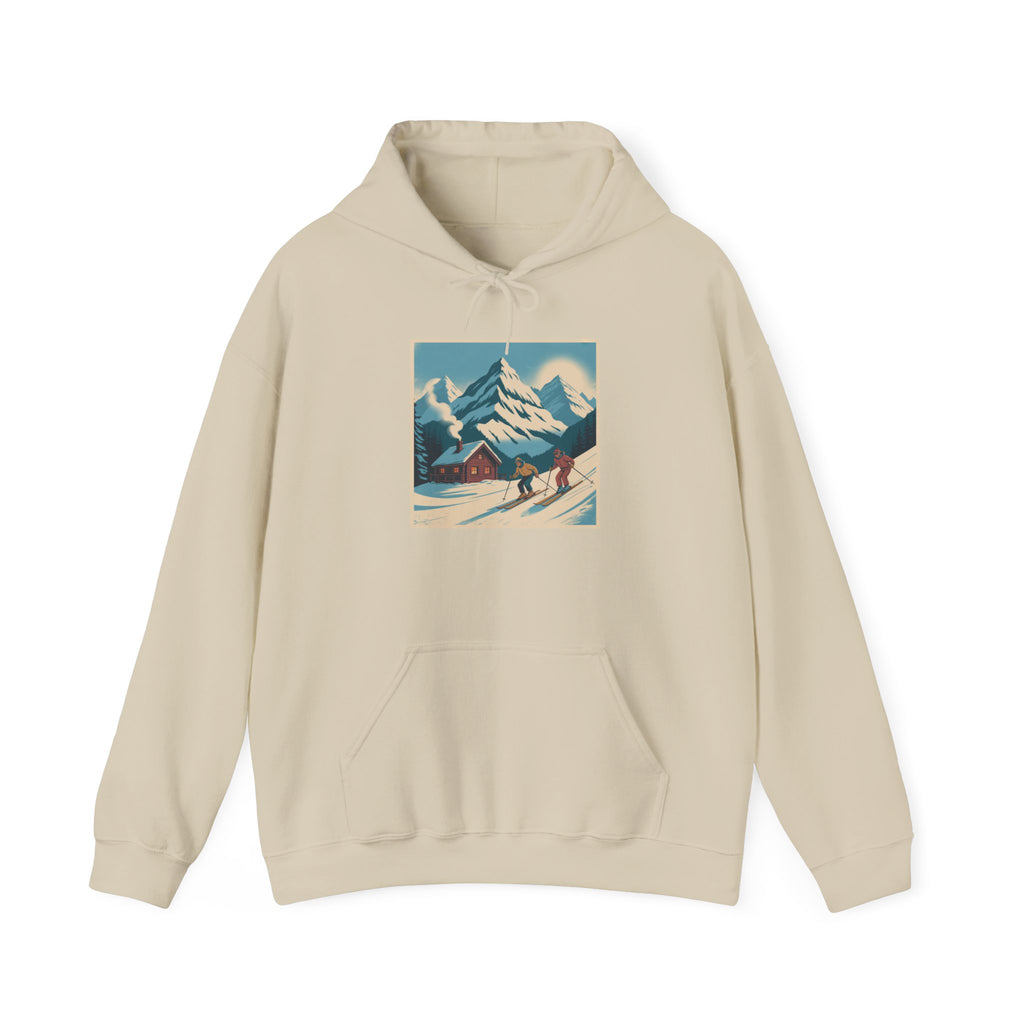 Mountain Ski Vintage Art Hoodie — Retro Alpine Chalet Winter Scene