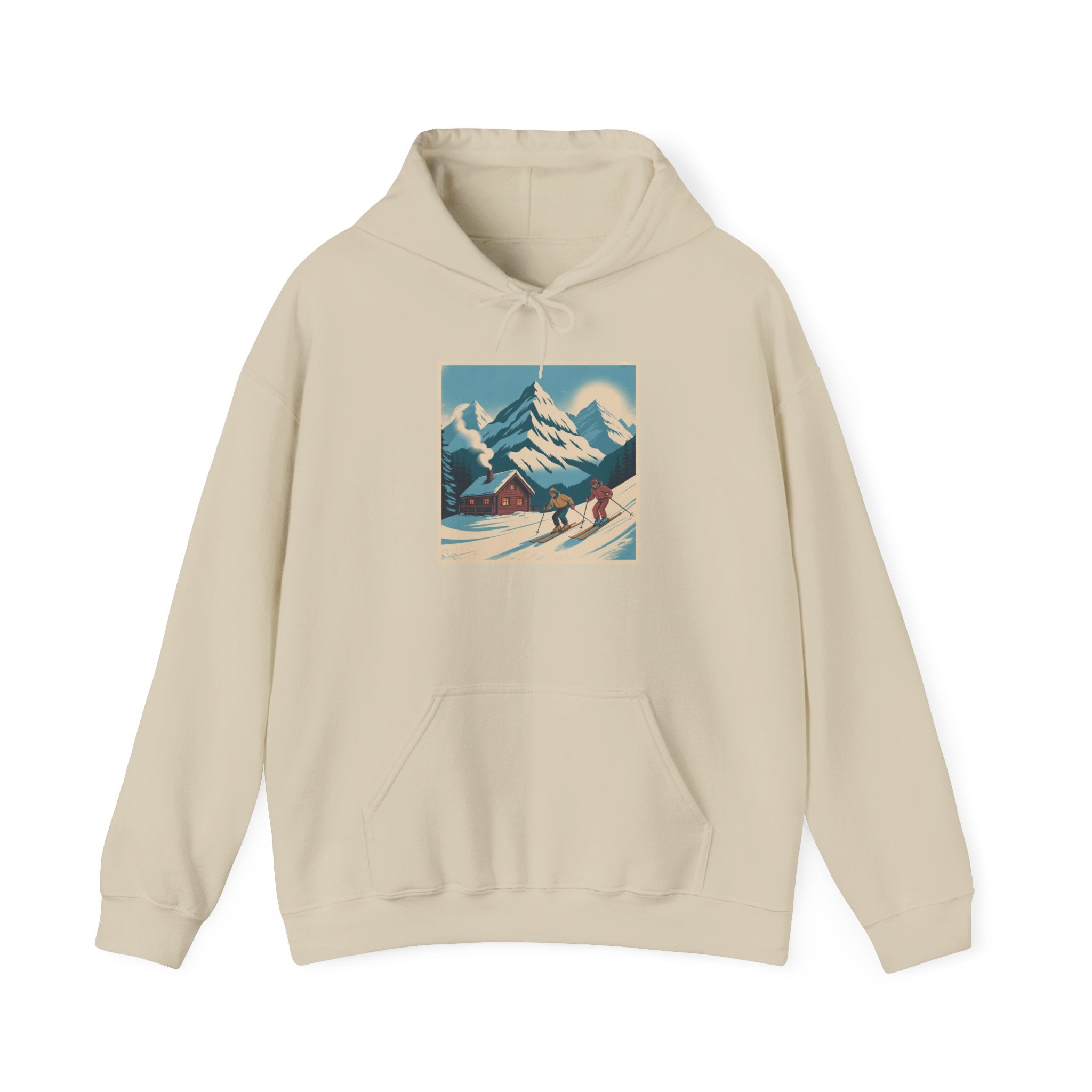 Mountain Ski Vintage Art Hoodie — Retro Alpine Chalet Winter Scene