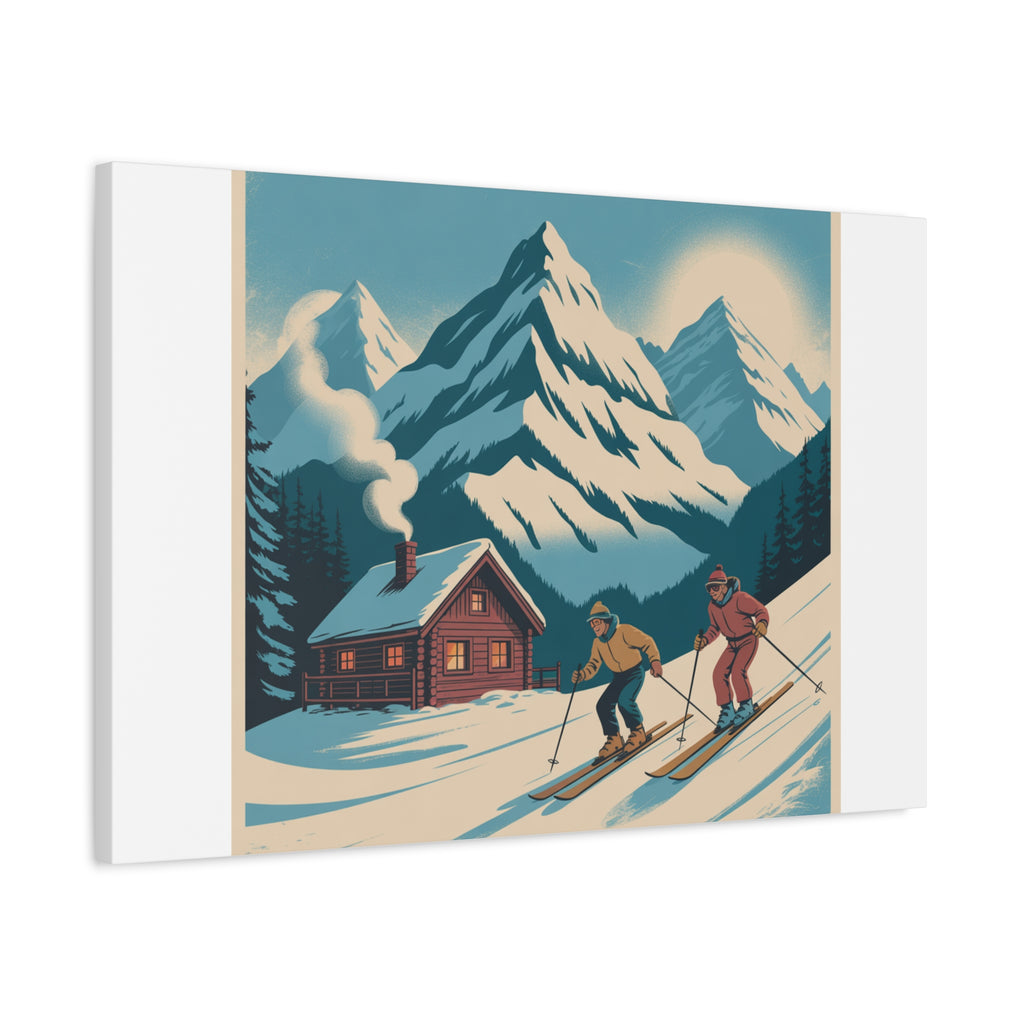 Retro Ski Mountain Canvas Print — Vintage Winter Cabin Art