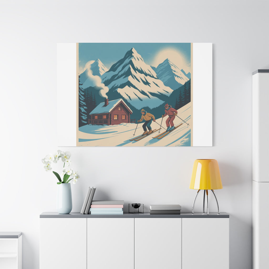 Retro Ski Mountain Canvas Print — Vintage Winter Cabin Art