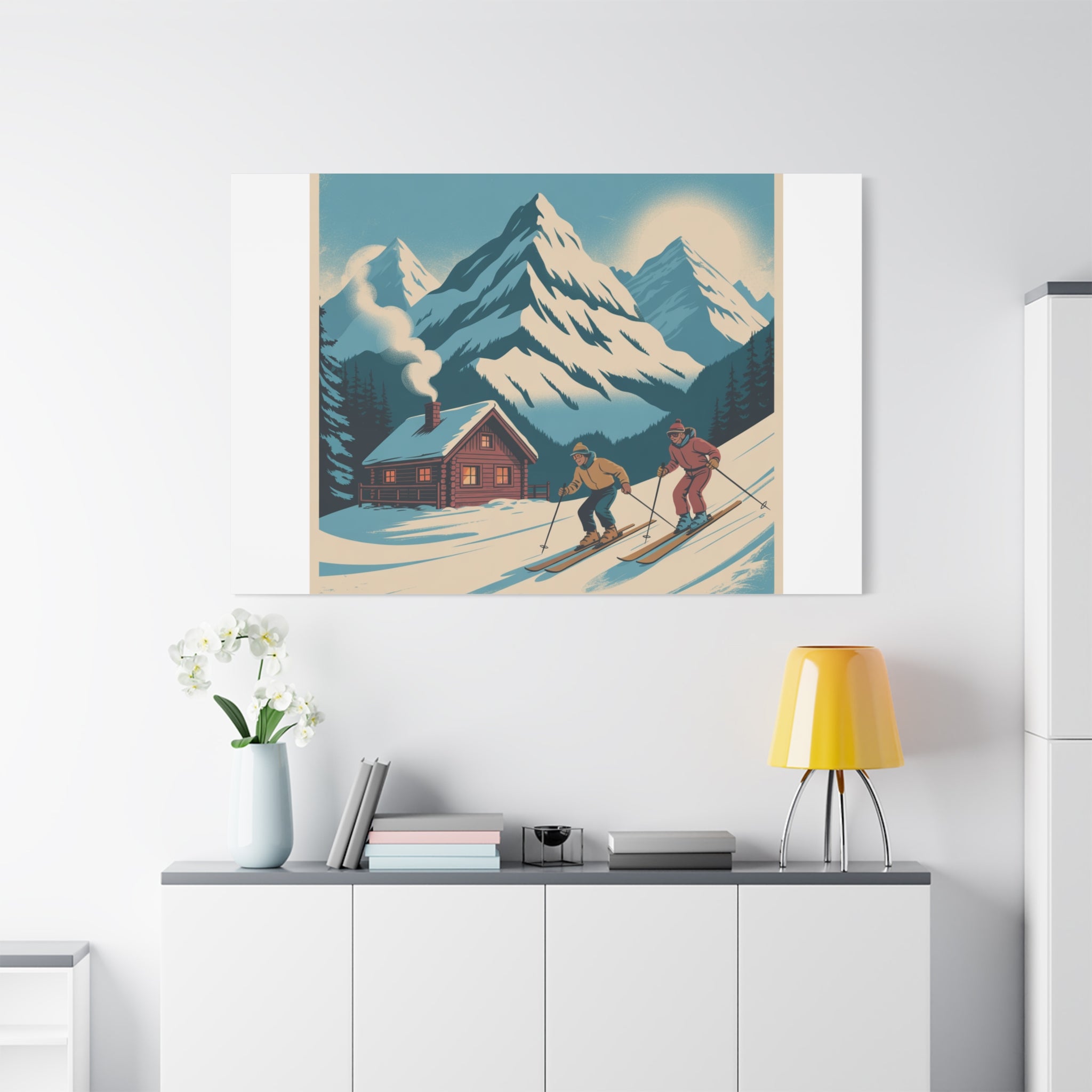 Retro Ski Mountain Canvas Print — Vintage Winter Cabin Art