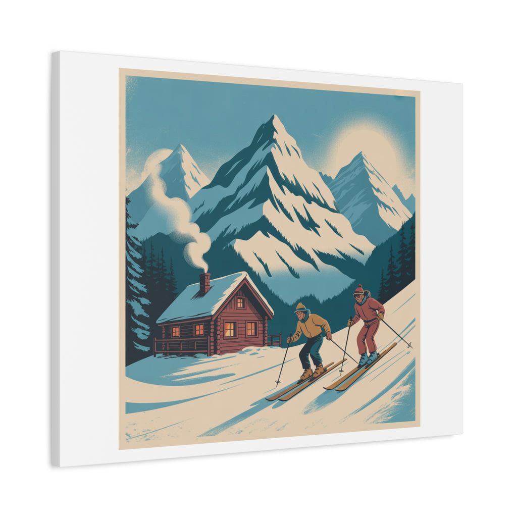 Retro Ski Mountain Canvas Print — Vintage Winter Cabin Art