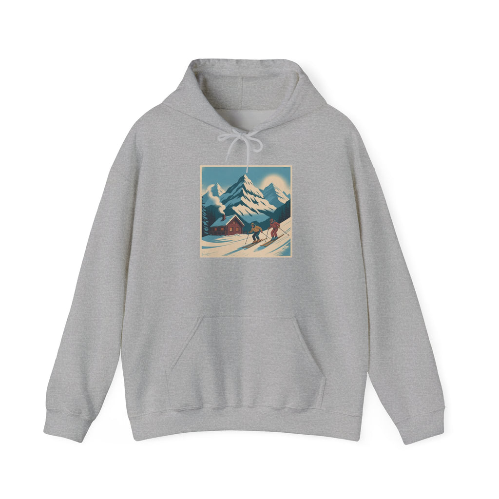 Mountain Ski Vintage Art Hoodie — Retro Alpine Chalet Winter Scene