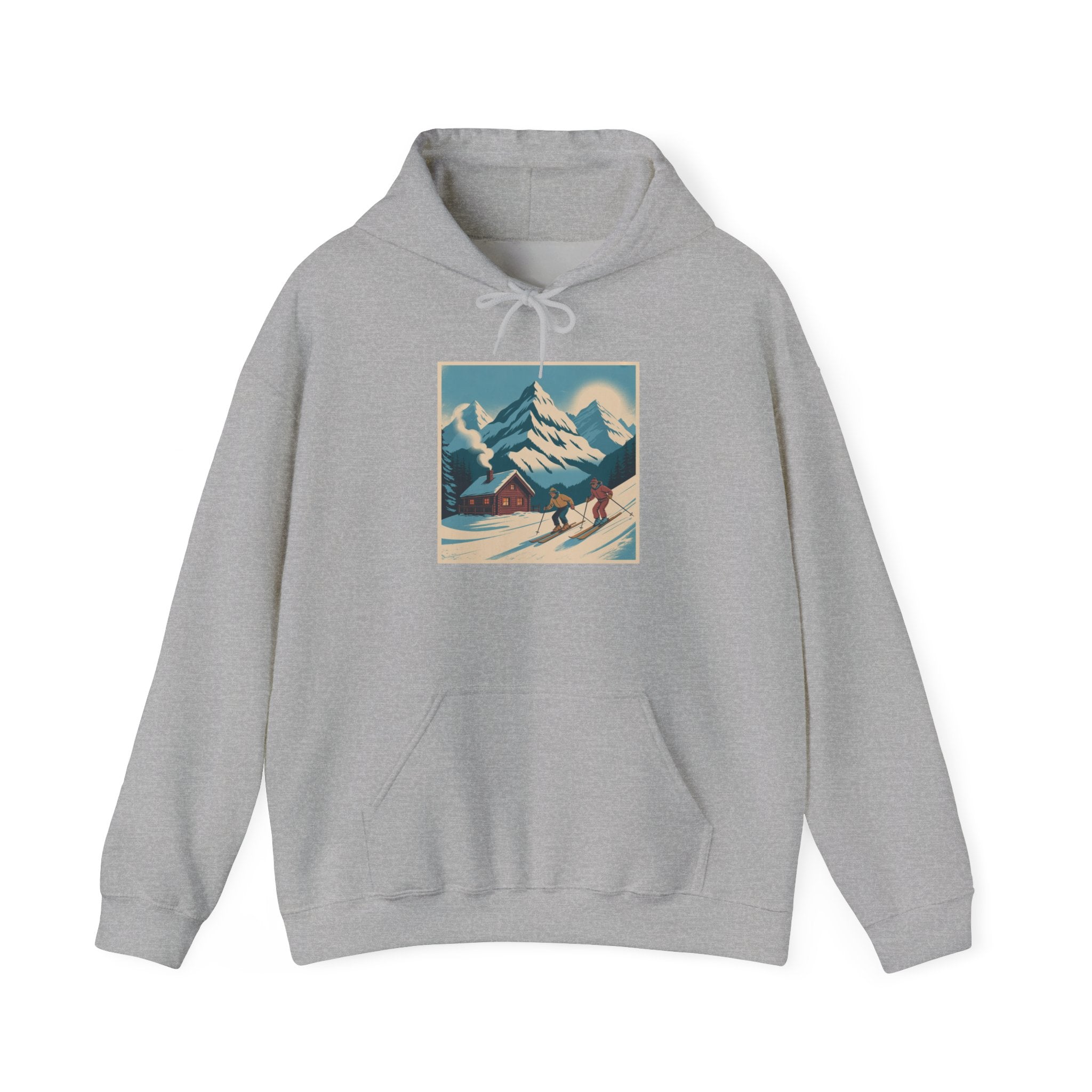 Mountain Ski Vintage Art Hoodie — Retro Alpine Chalet Winter Scene