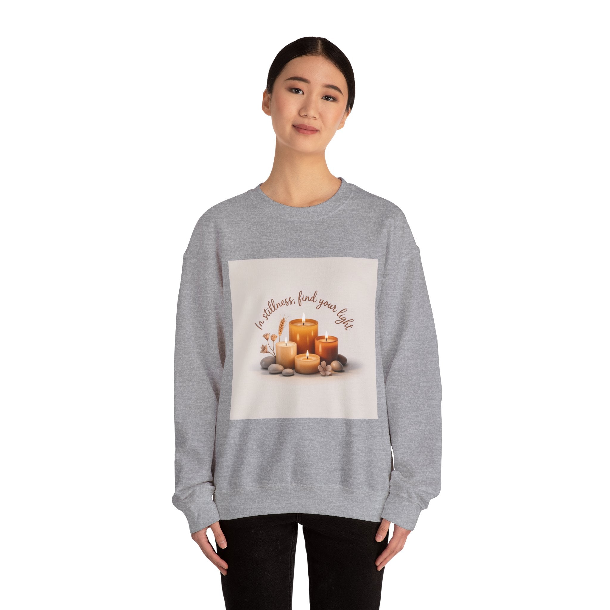 Cozy Candle Crewneck Sweatshirt — "In Stillness Find Your Light" Relaxation Pullover