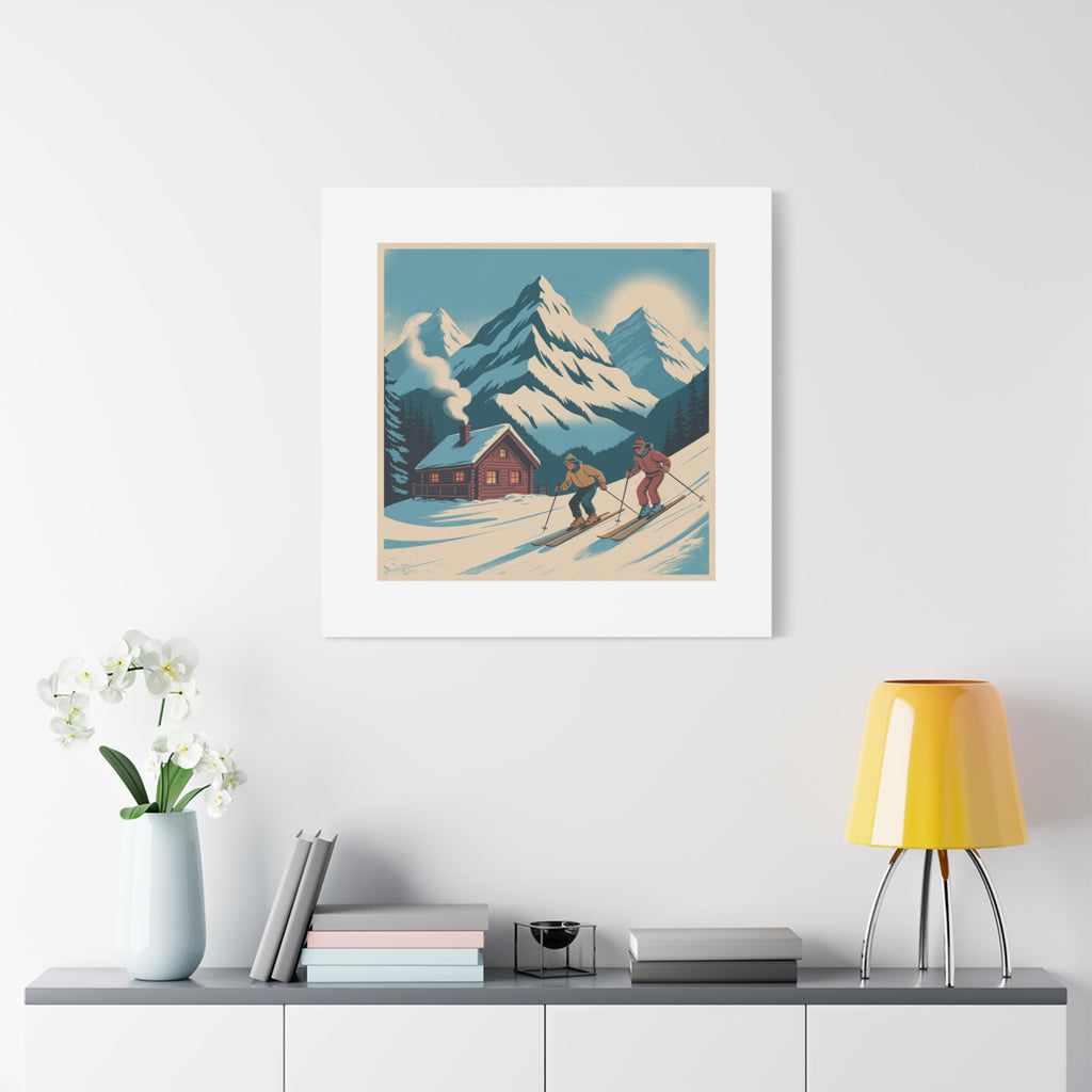 Retro Ski Mountain Canvas Print — Vintage Winter Cabin Art