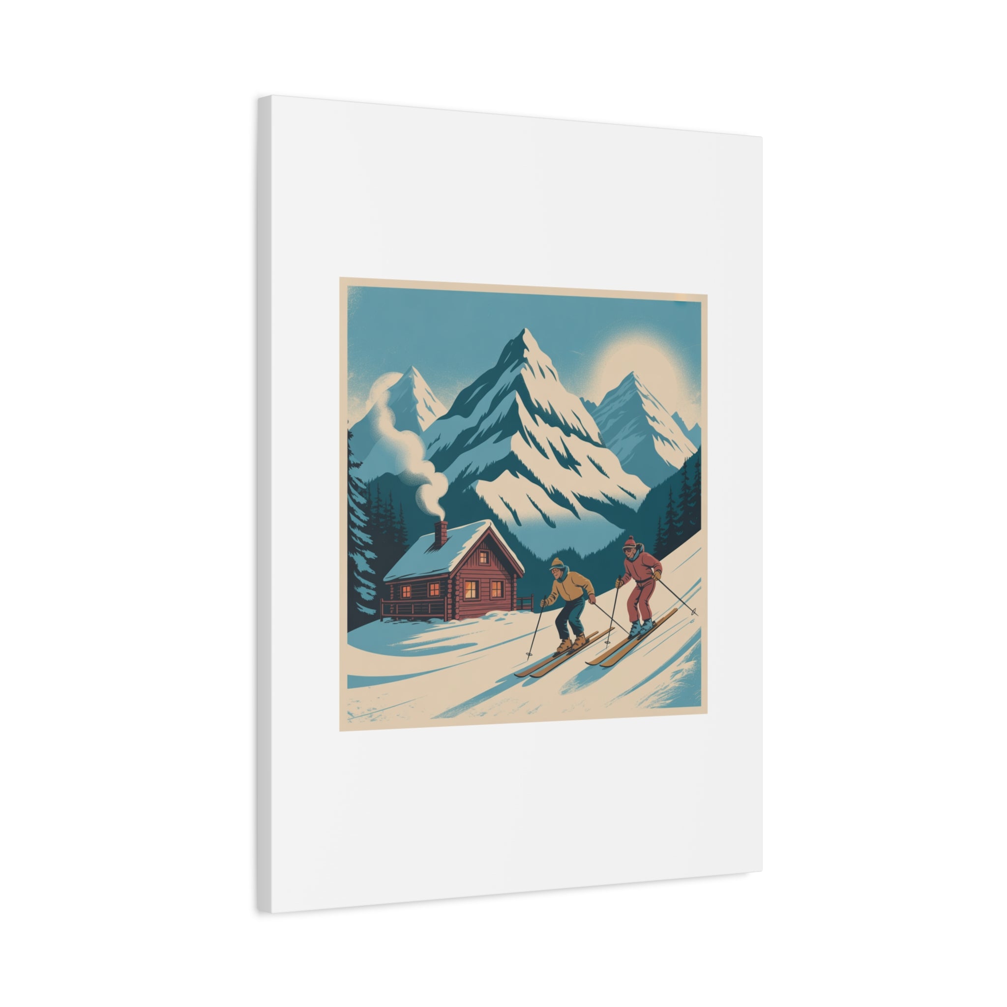Retro Ski Mountain Canvas Print — Vintage Winter Cabin Art
