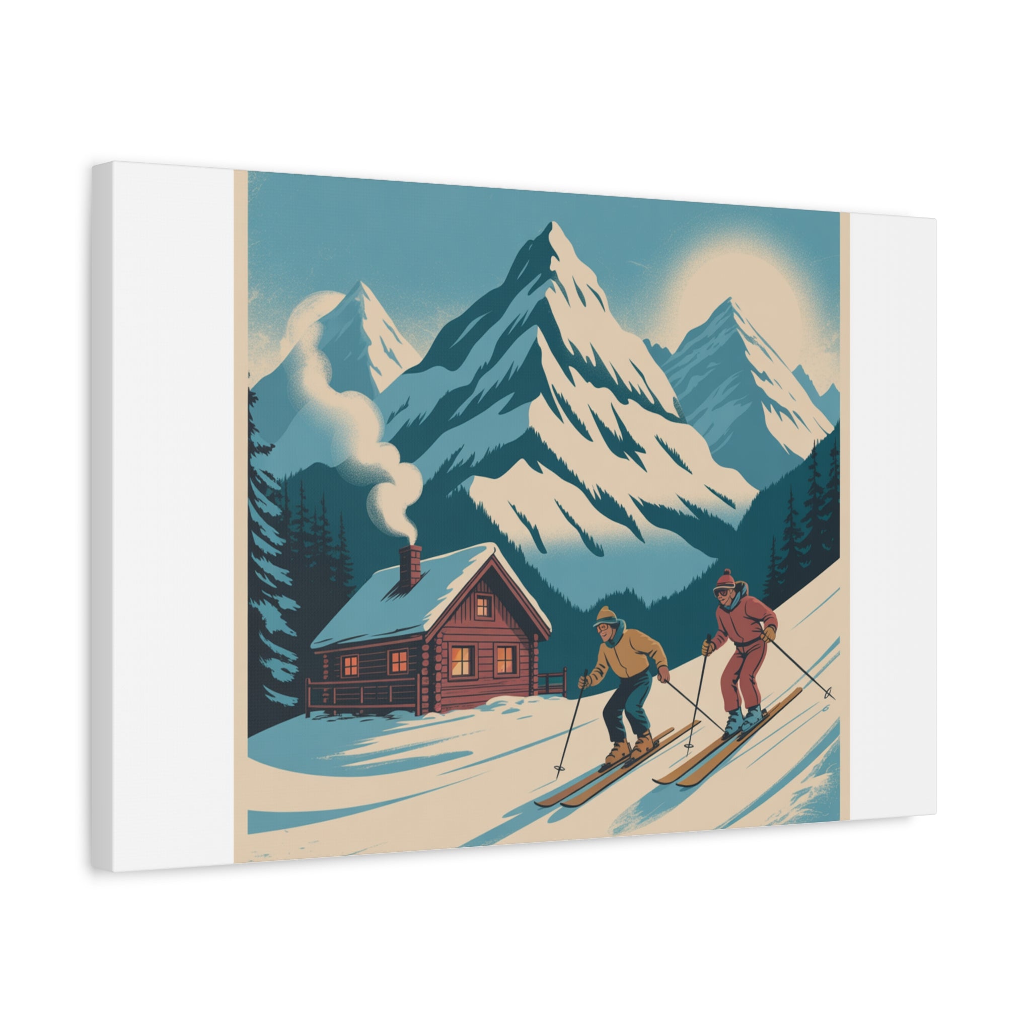 Retro Ski Mountain Canvas Print — Vintage Winter Cabin Art