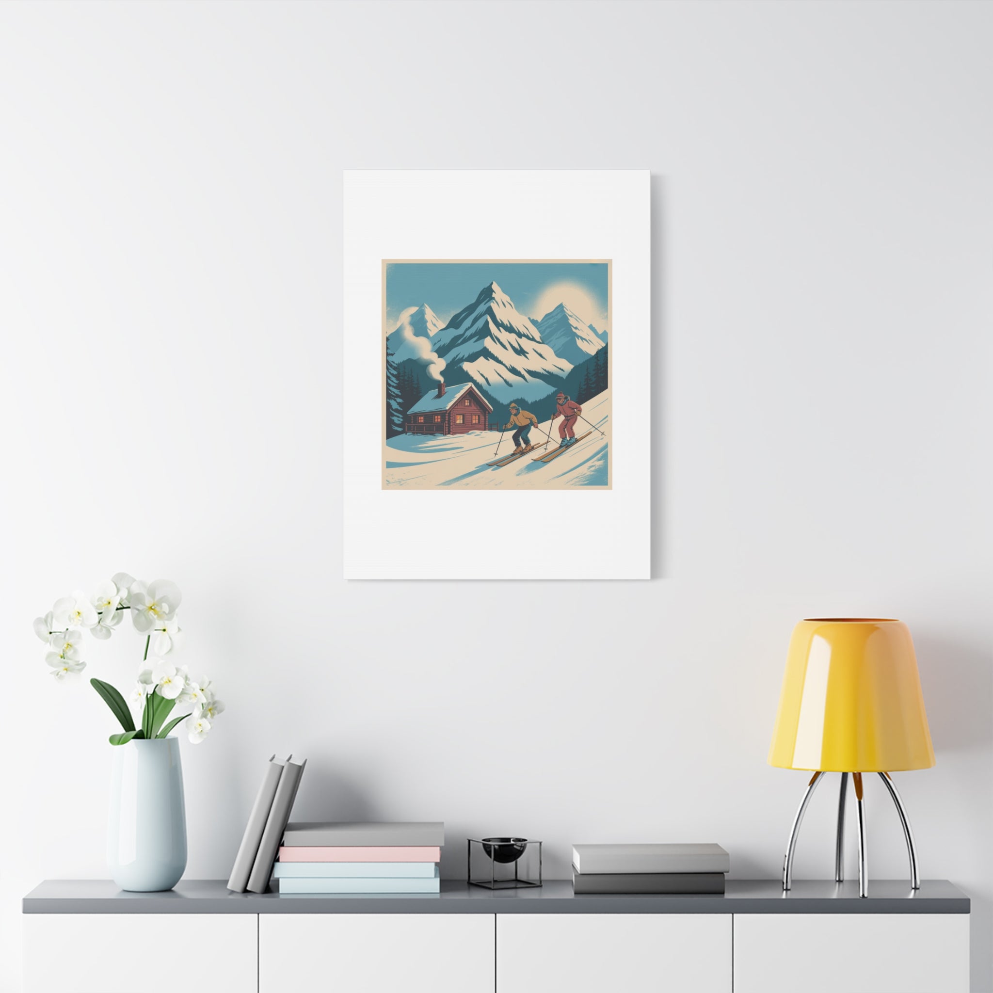 Retro Ski Mountain Canvas Print — Vintage Winter Cabin Art