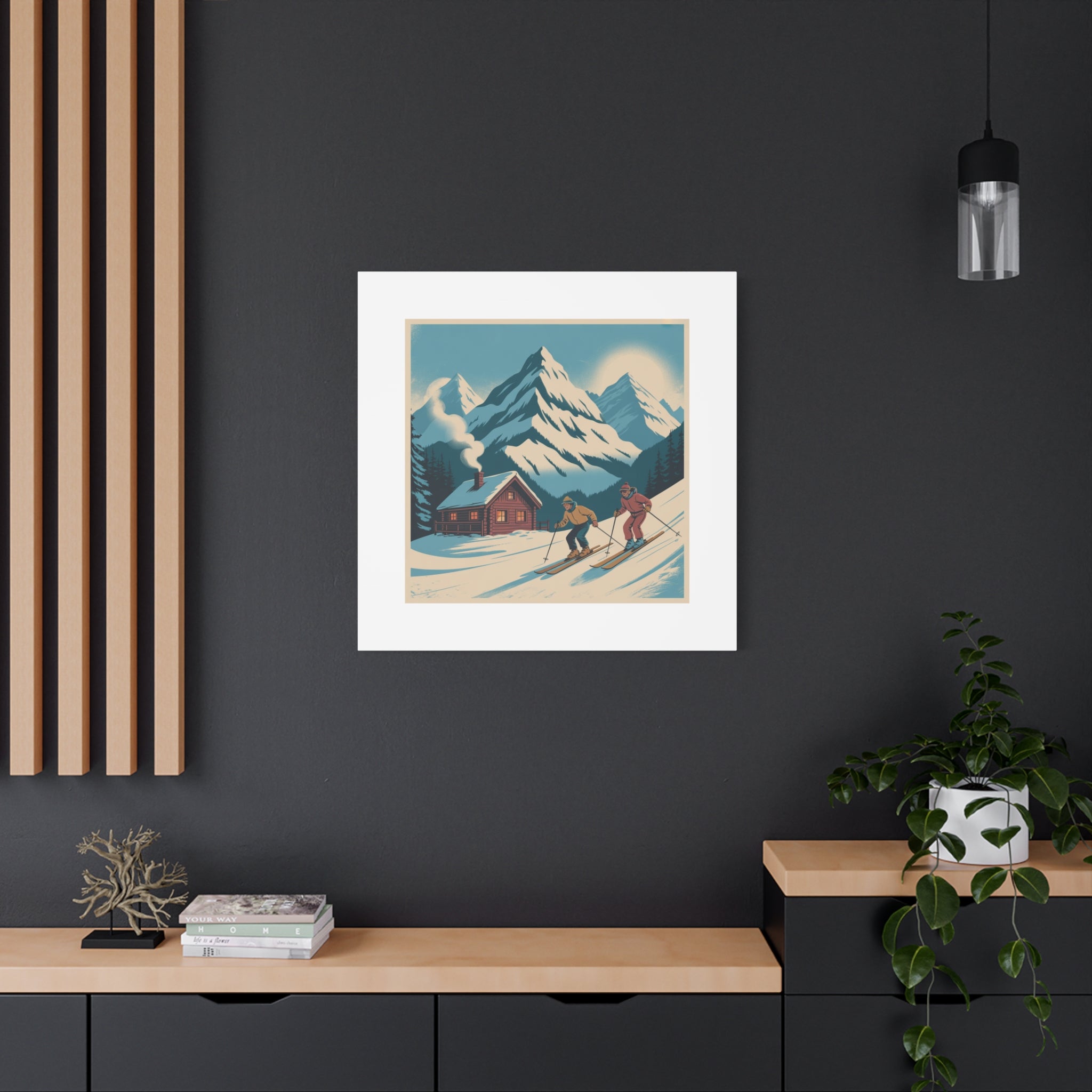 Retro Ski Mountain Canvas Print — Vintage Winter Cabin Art