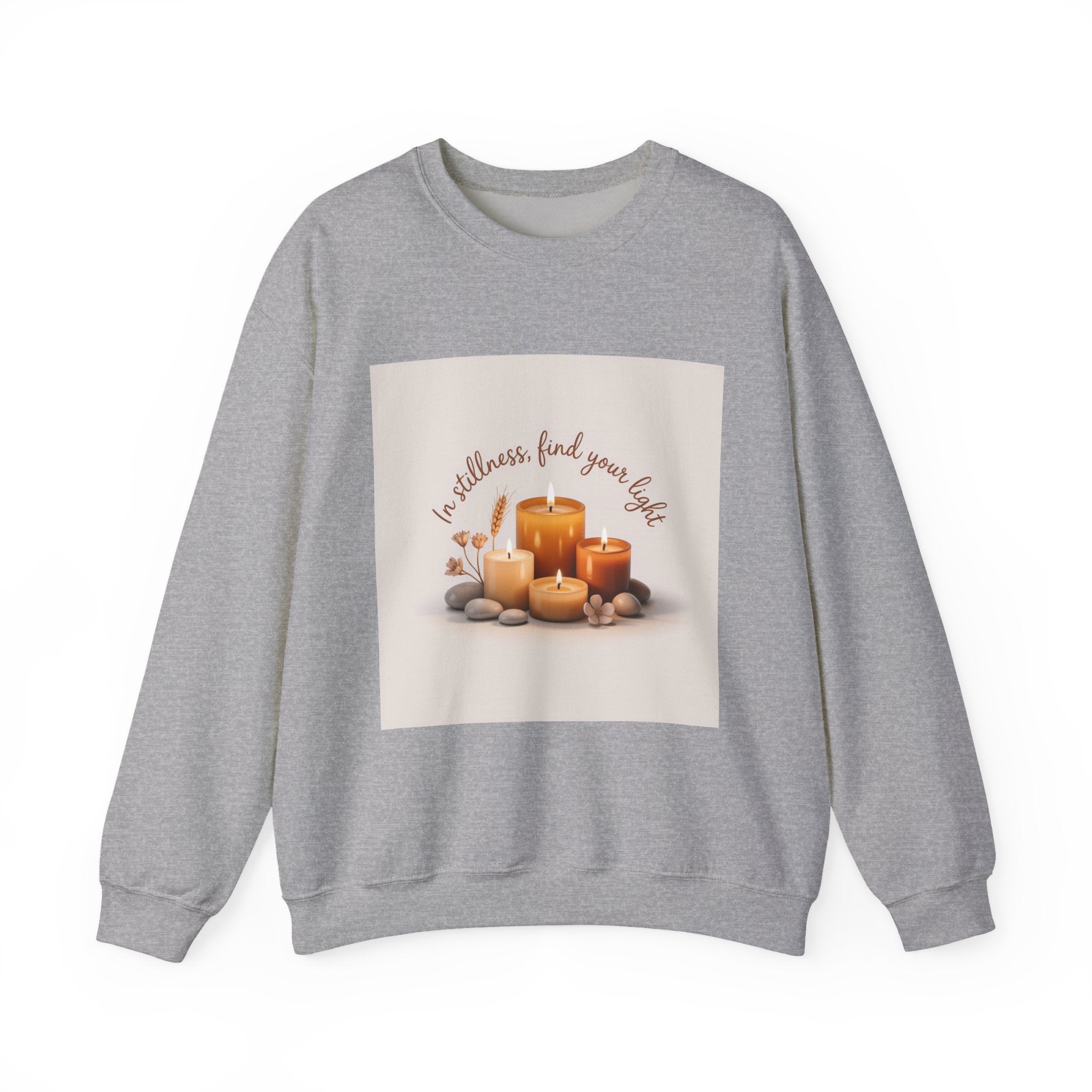 Cozy Candle Crewneck Sweatshirt — "In Stillness Find Your Light" Relaxation Pullover