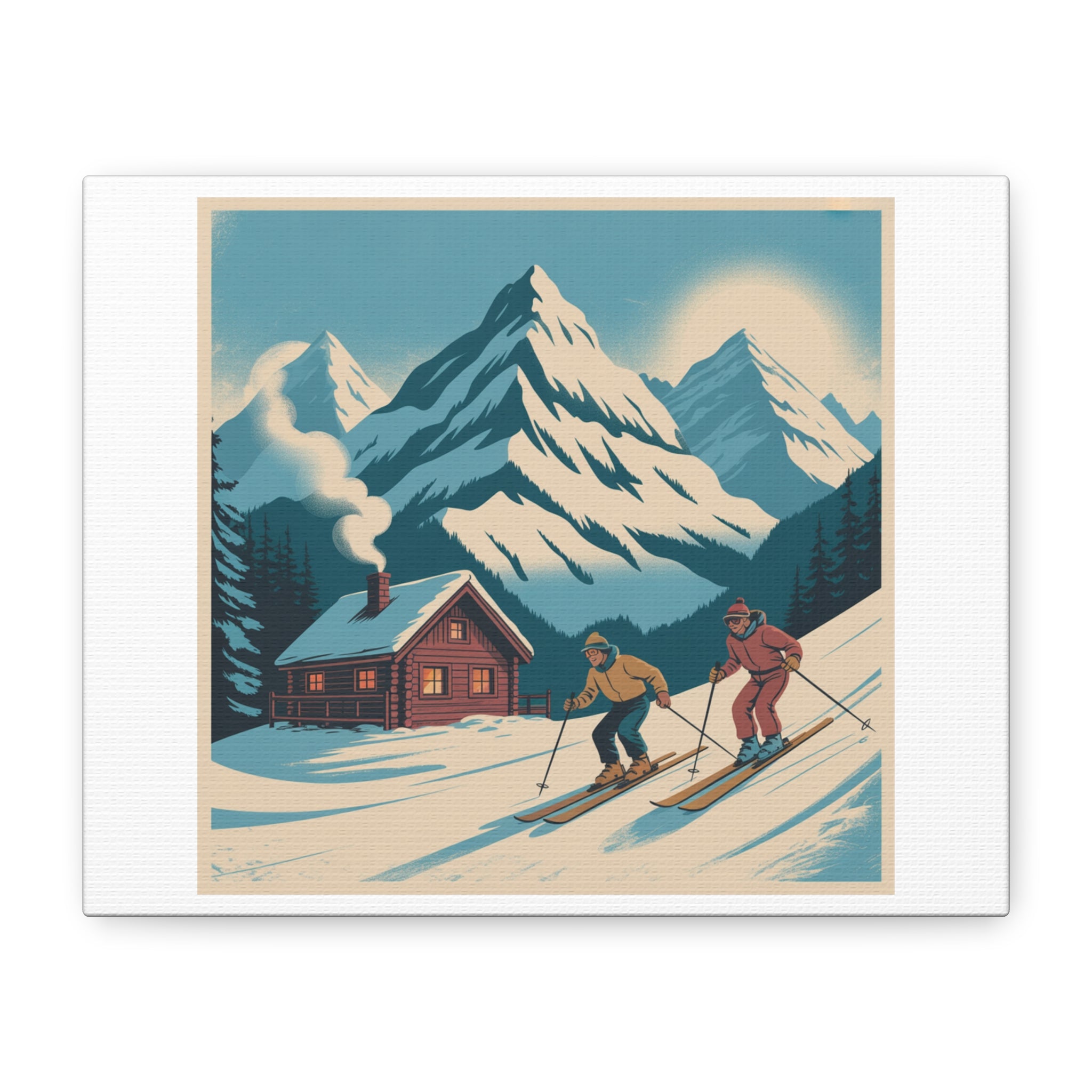 Retro Ski Mountain Canvas Print — Vintage Winter Cabin Art