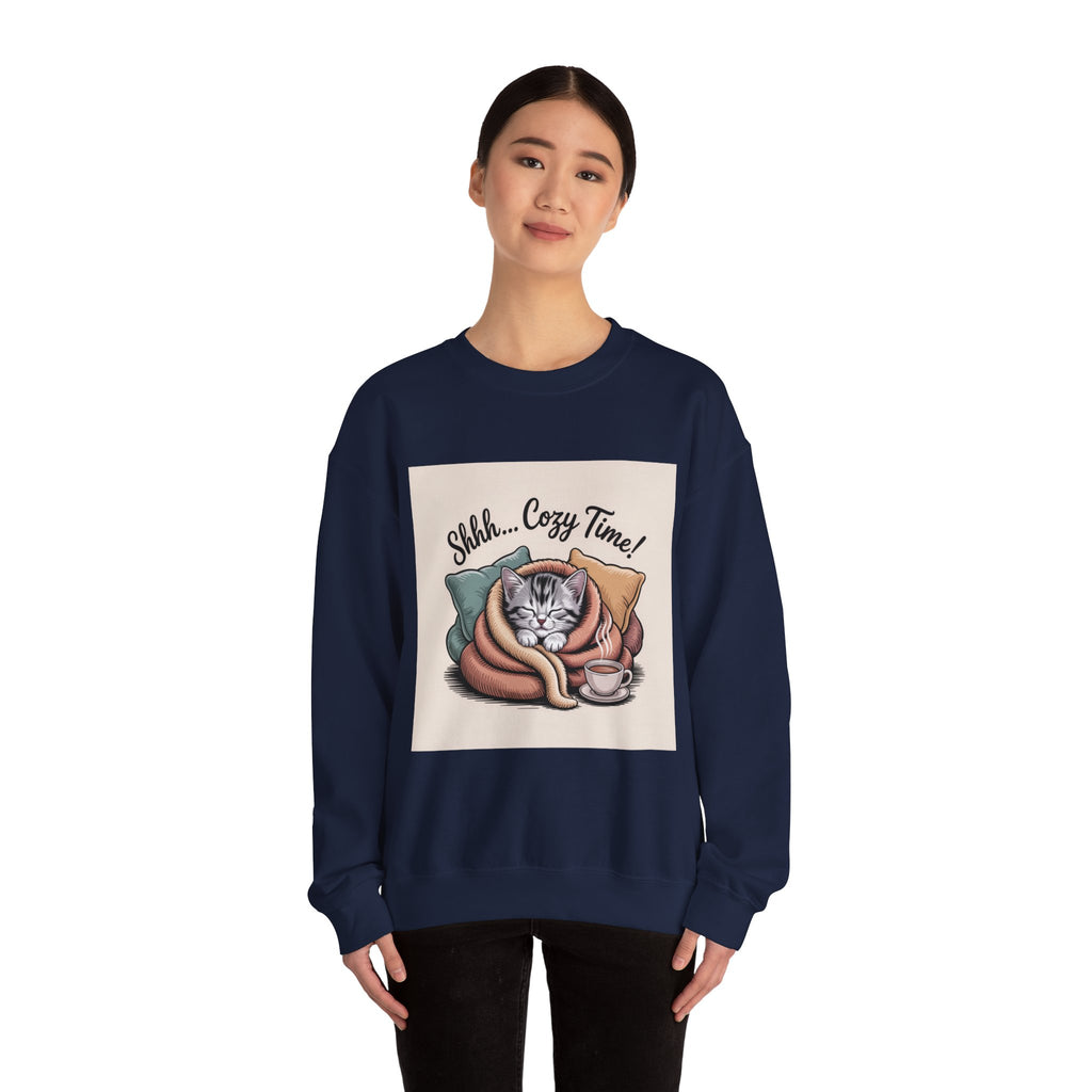 Cozy Cat Crewneck Sweatshirt — “Shhh... Cozy Time!” Graphic