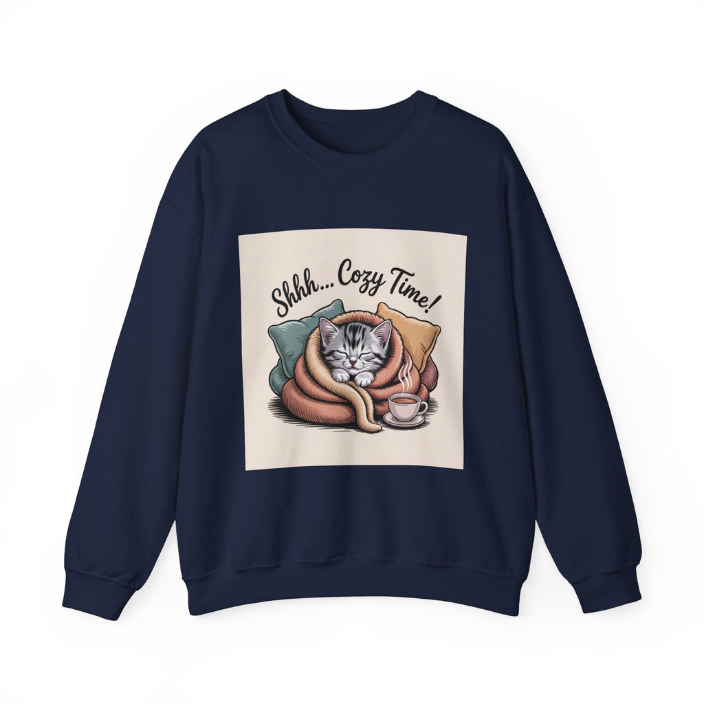 Cozy Cat Crewneck Sweatshirt — “Shhh... Cozy Time!” Graphic