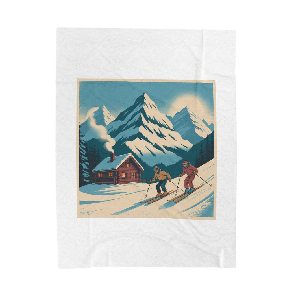 Vintage Ski Chalet Velveteen Plush Blanket — Retro Mountain Cabin Skiers