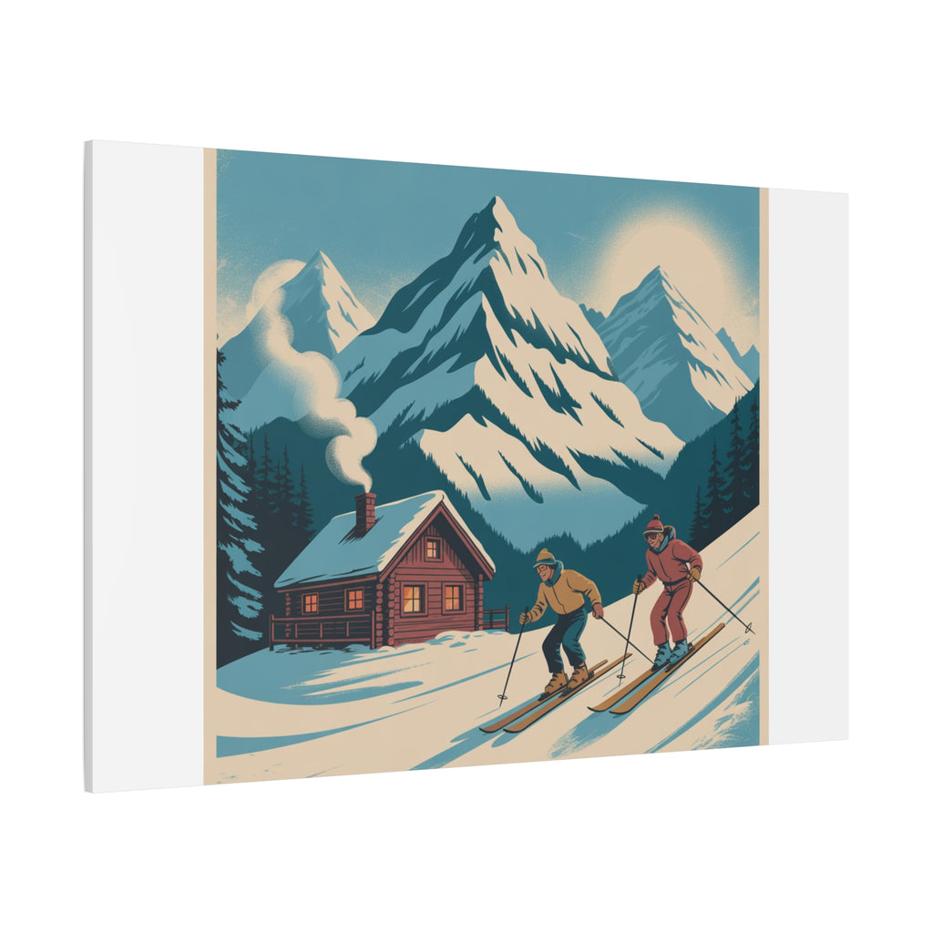 Retro Ski Mountain Canvas Print — Vintage Winter Cabin Art