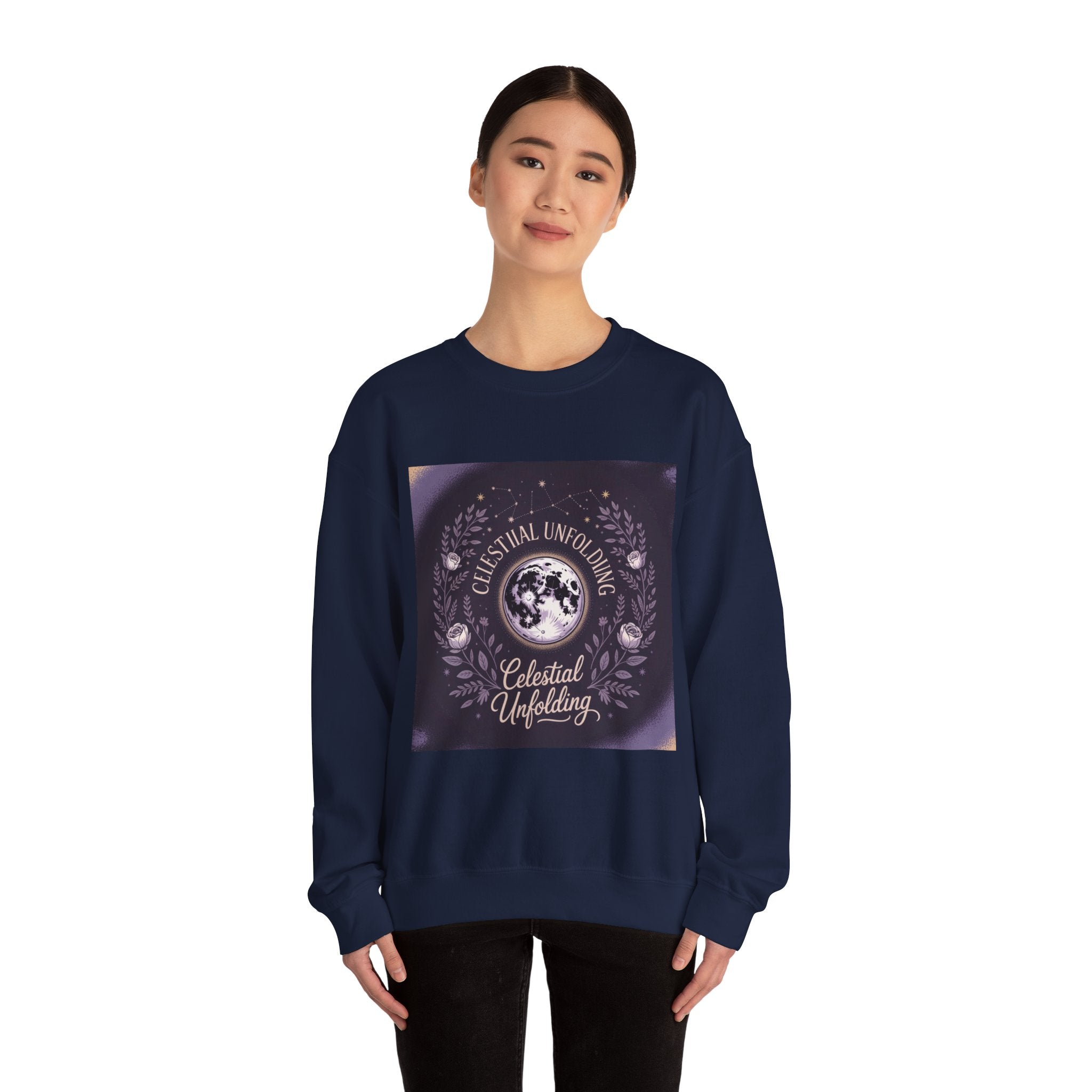 Celestial Unfolding Sweatshirt — Moon Phase Graphic Crewneck