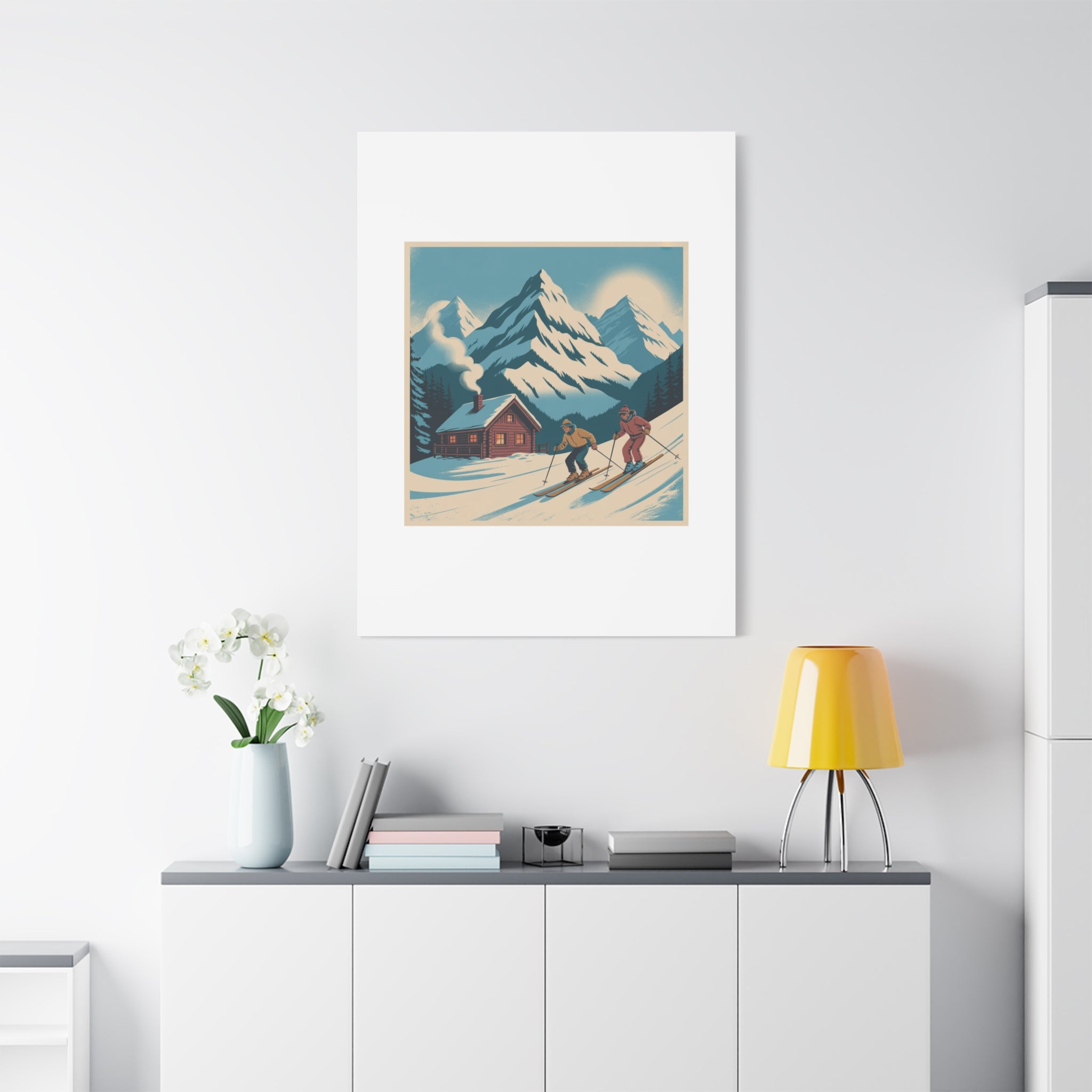 Retro Ski Mountain Canvas Print — Vintage Winter Cabin Art
