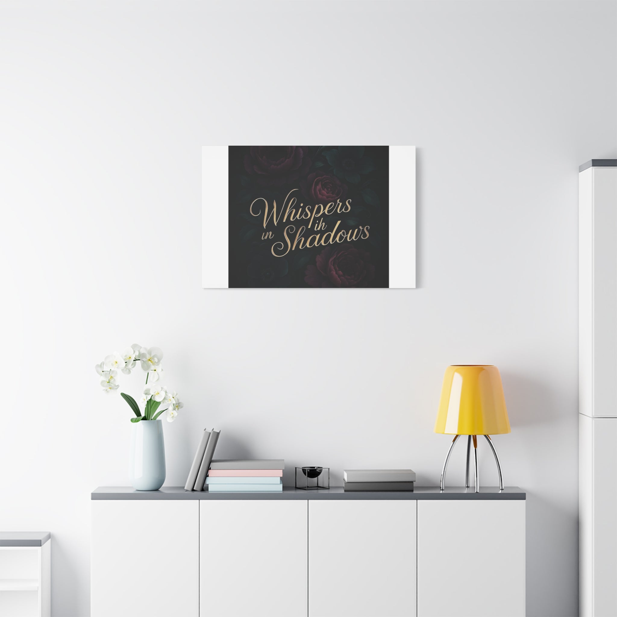 Canvas Wall Art — “Whispers in Shadows” Dark Floral Typographic Print