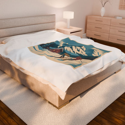 Vintage Ski Chalet Velveteen Plush Blanket — Retro Mountain Cabin Skiers