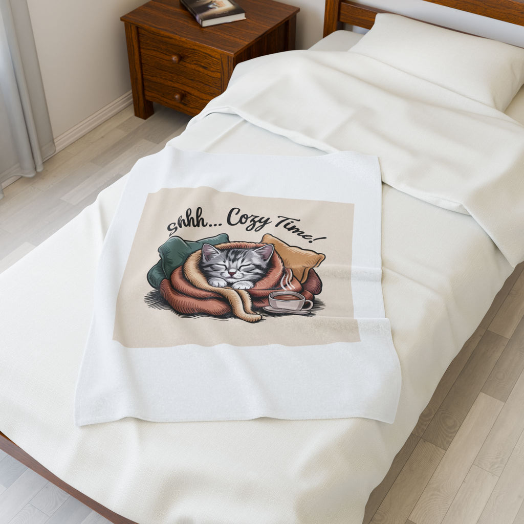 Plush Blanket — 'Shhh... Cozy Time!' Cat Wrapped in Blanket with Tea