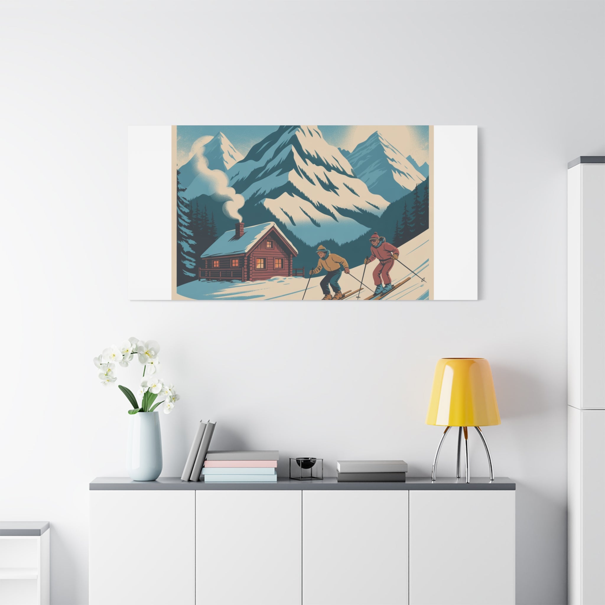Retro Ski Mountain Canvas Print — Vintage Winter Cabin Art