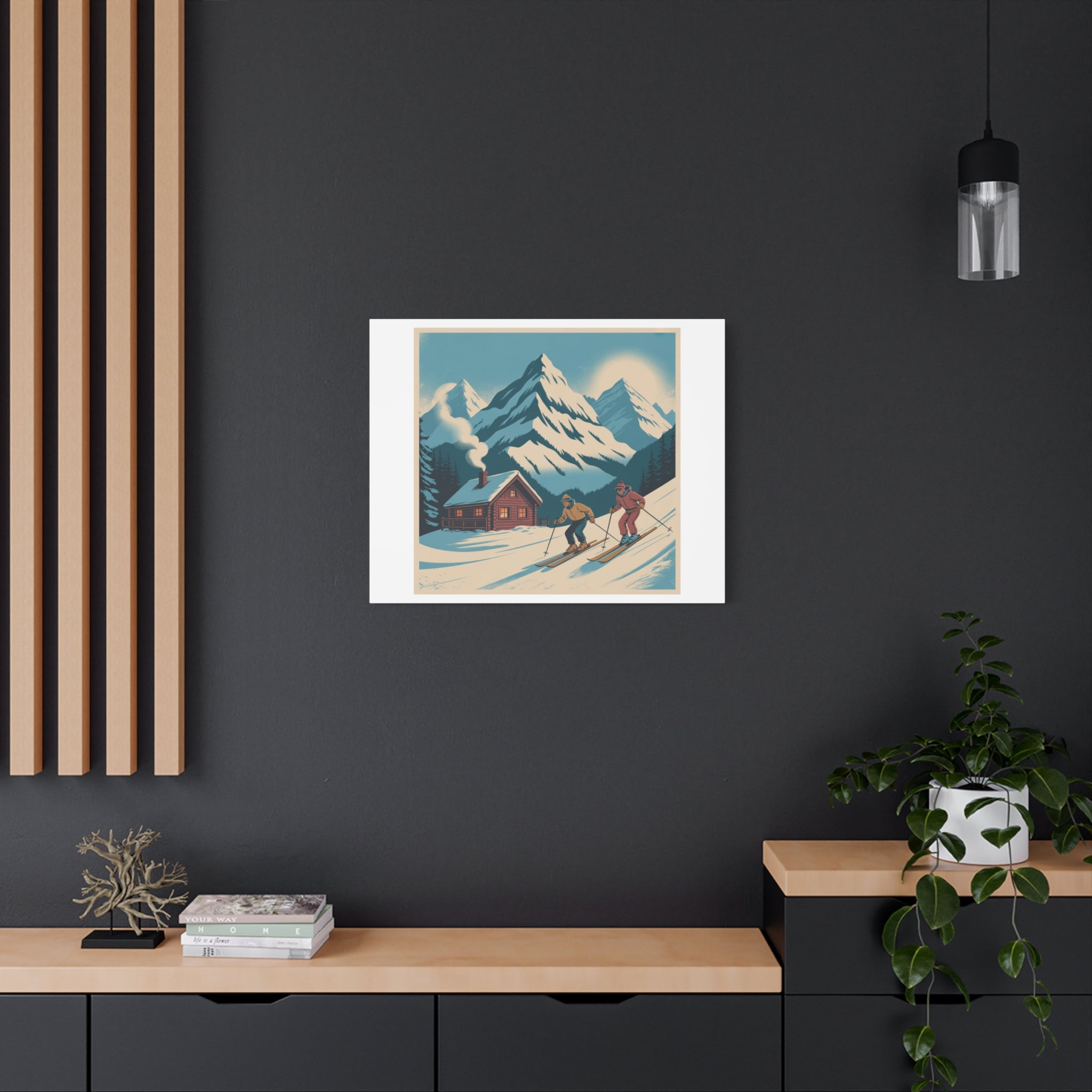 Retro Ski Mountain Canvas Print — Vintage Winter Cabin Art