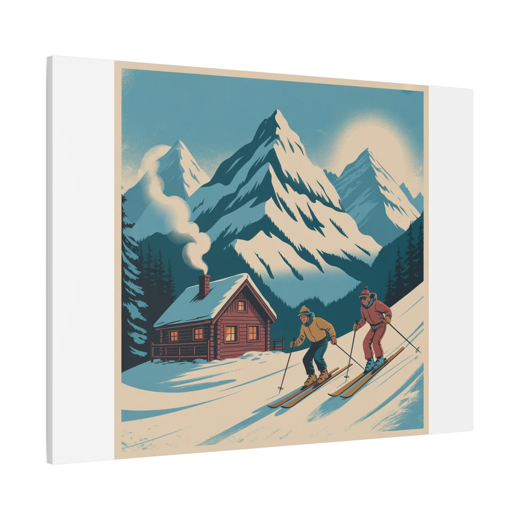 Retro Ski Mountain Canvas Print — Vintage Winter Cabin Art