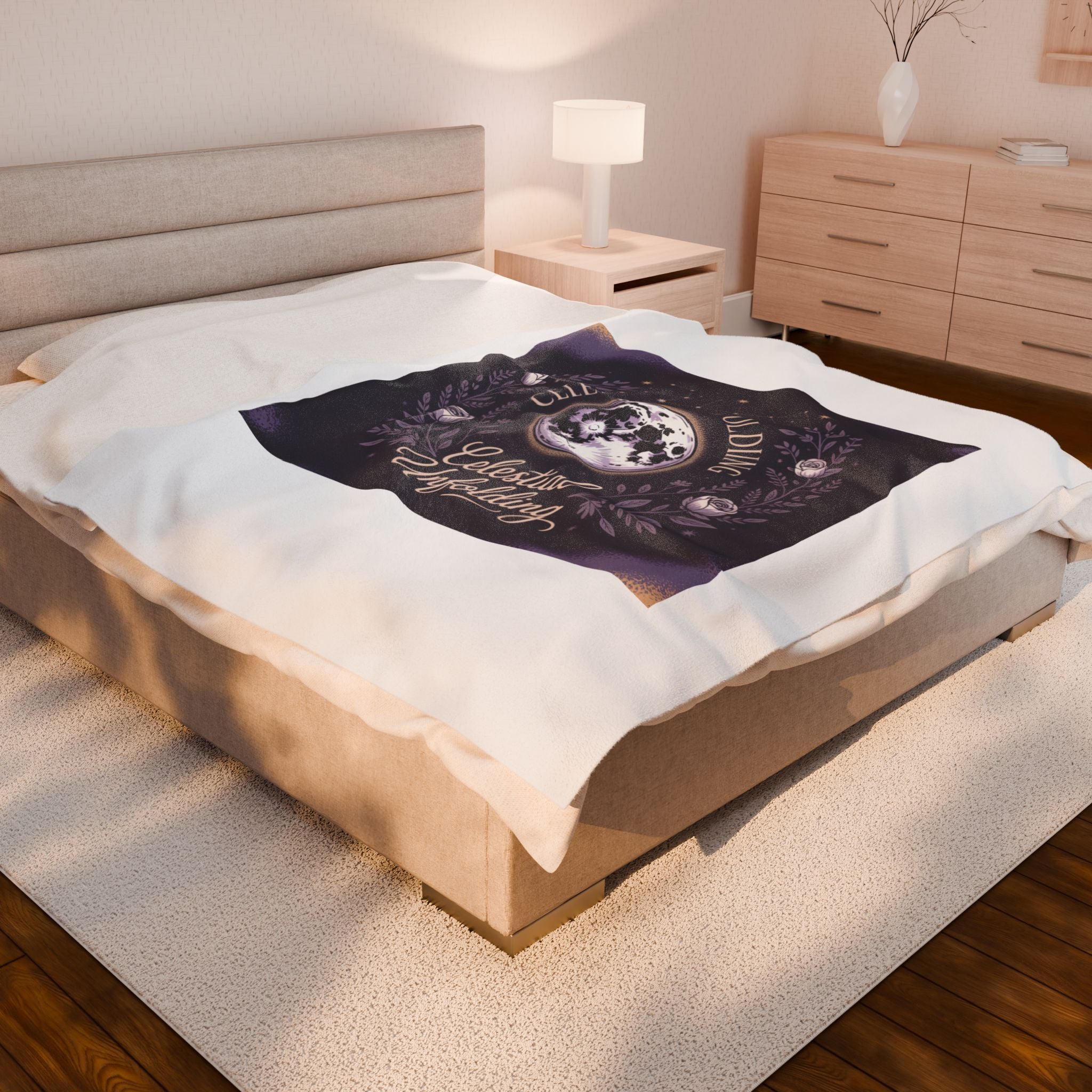 Celestial Unfolding Velveteen Plush Blanket — Moon & Floral Cosmic Throw
