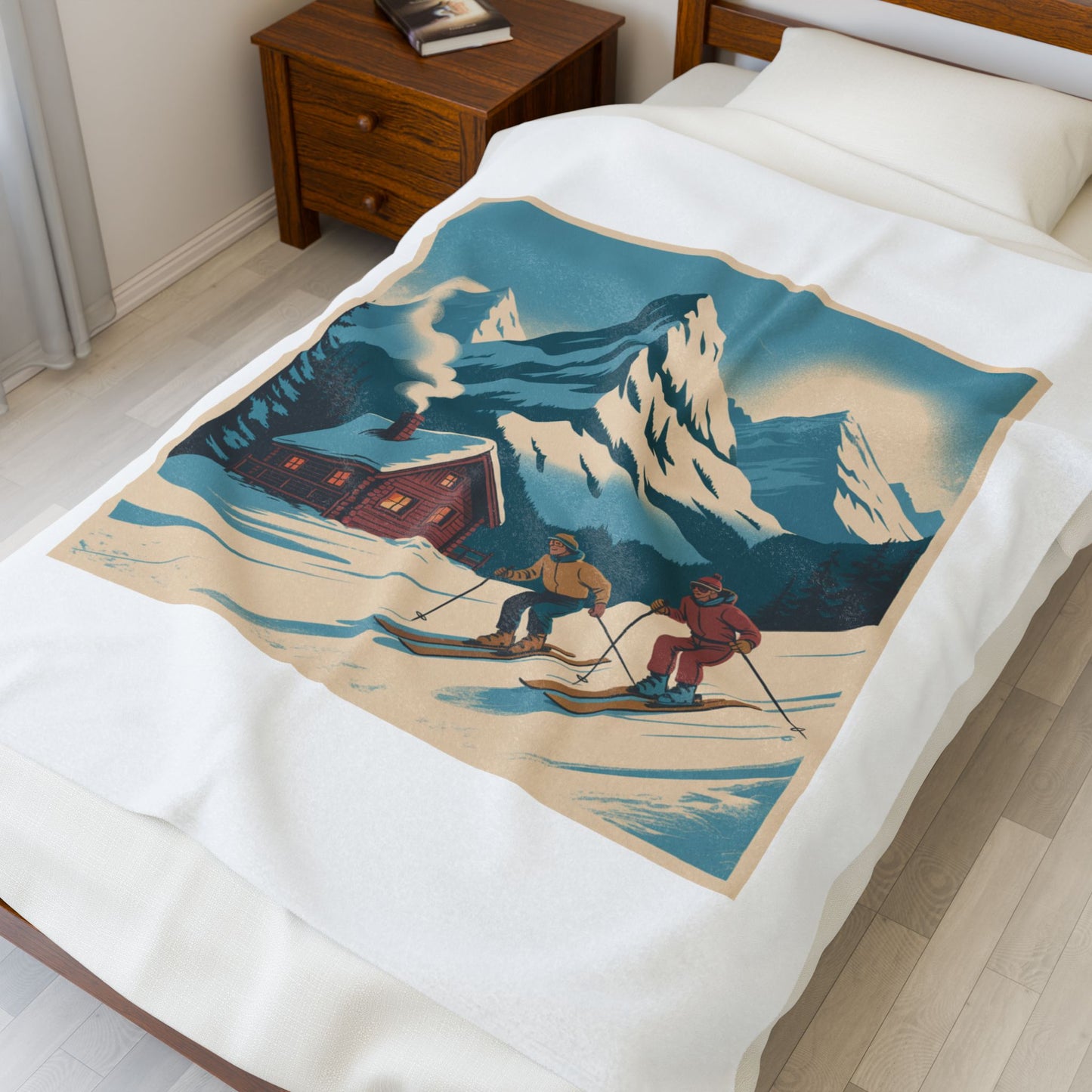 Vintage Ski Chalet Velveteen Plush Blanket — Retro Mountain Cabin Skiers