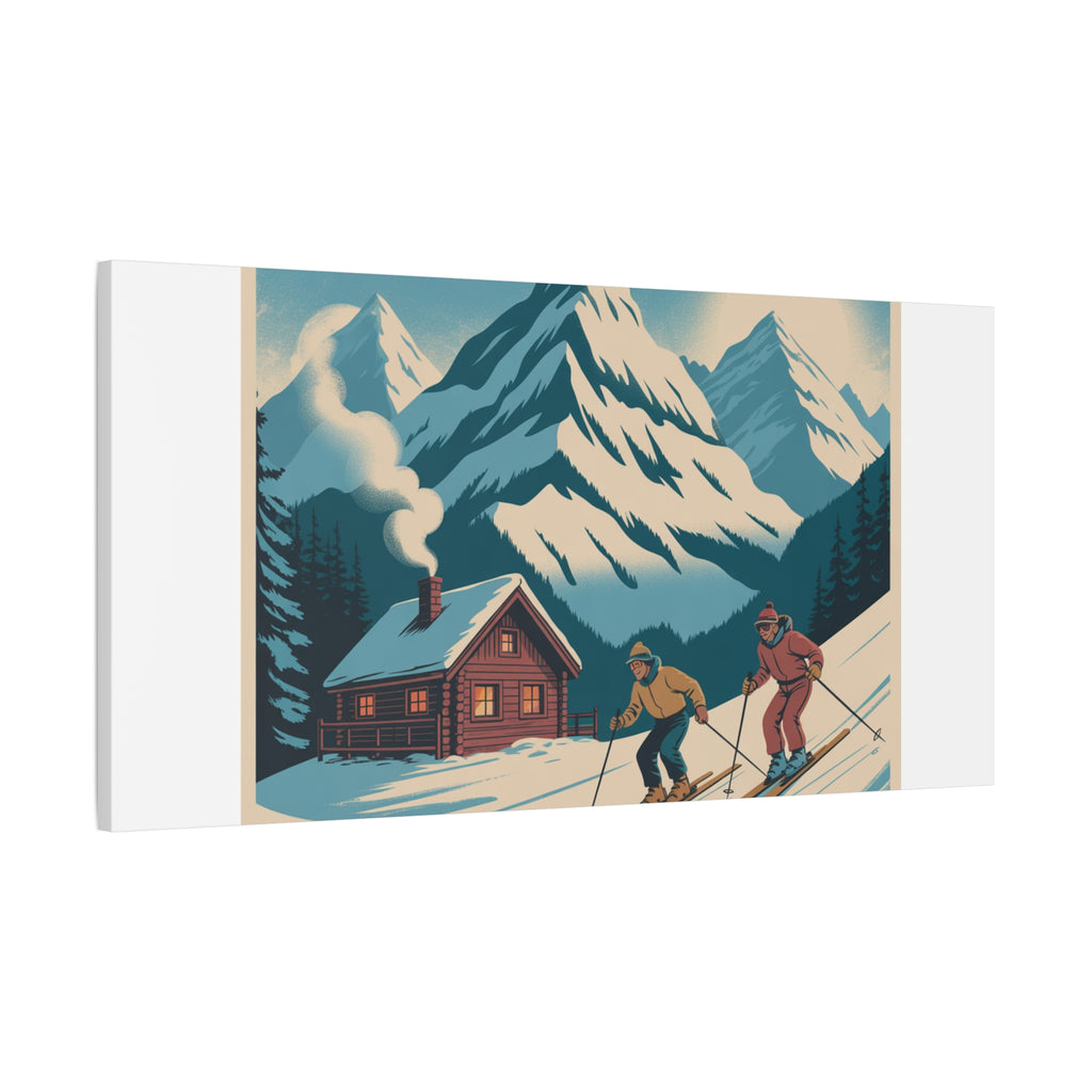 Retro Ski Mountain Canvas Print — Vintage Winter Cabin Art