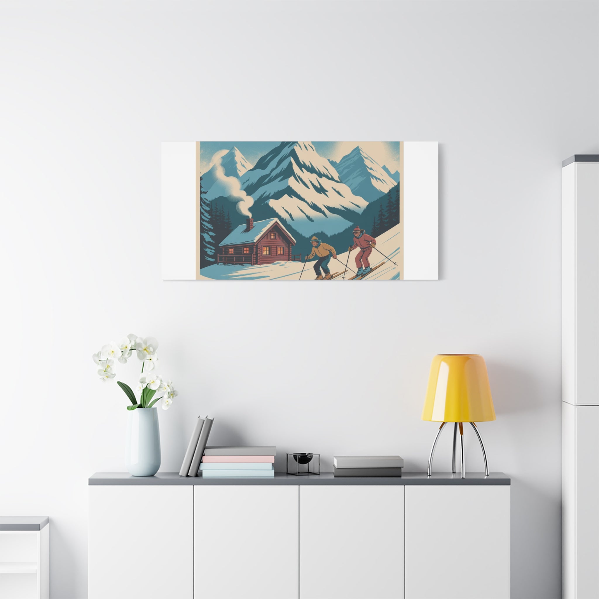 Retro Ski Mountain Canvas Print — Vintage Winter Cabin Art
