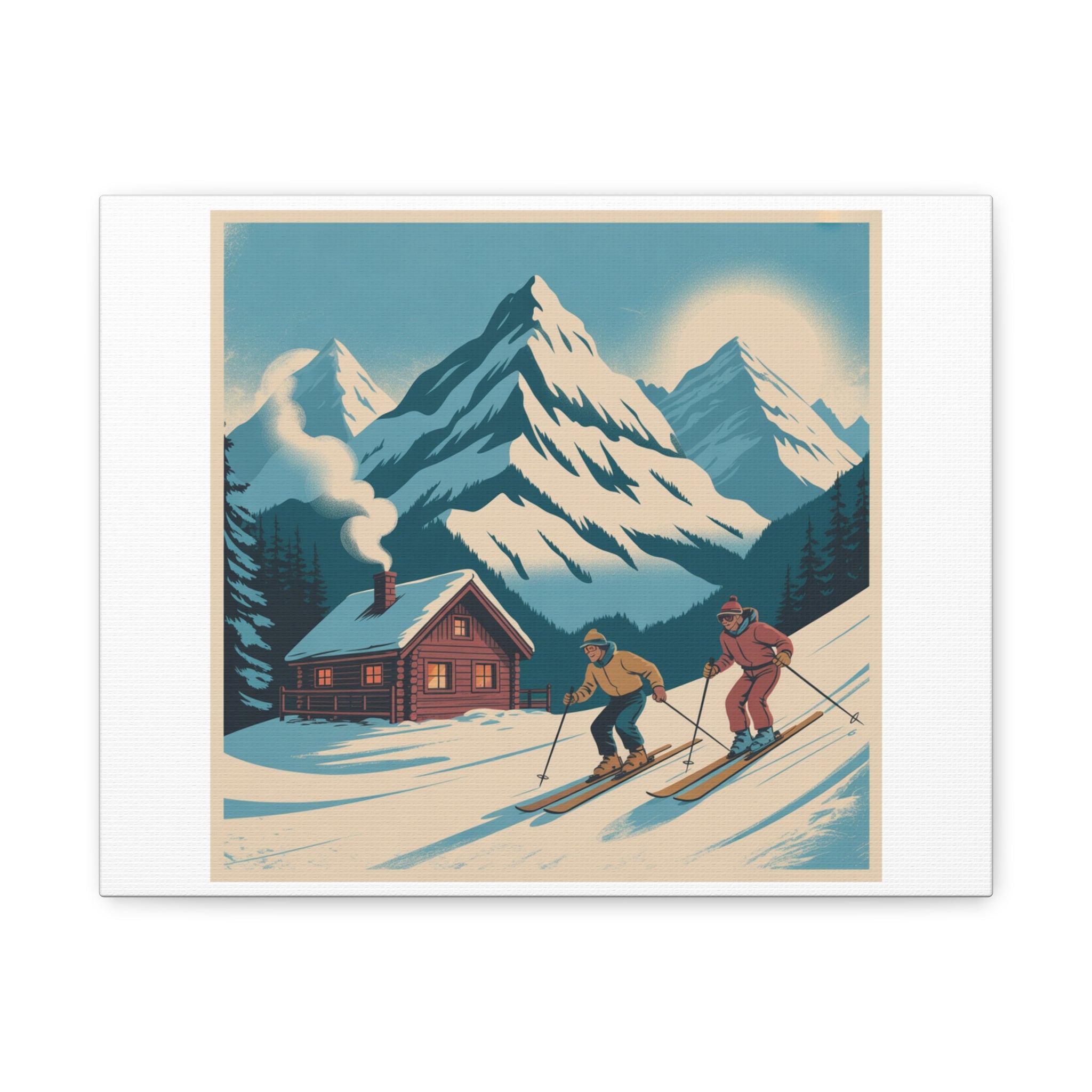 Retro Ski Mountain Canvas Print — Vintage Winter Cabin Art