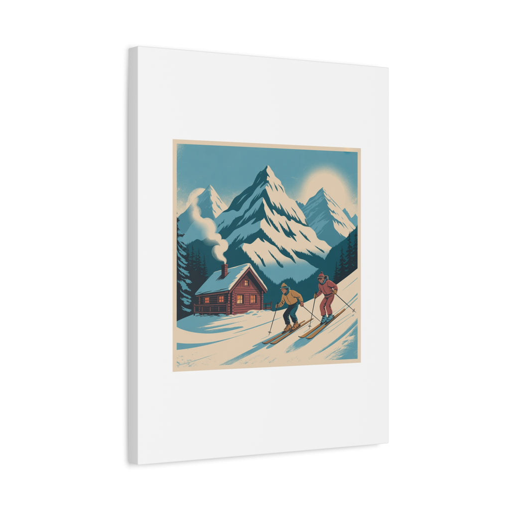 Retro Ski Mountain Canvas Print — Vintage Winter Cabin Art