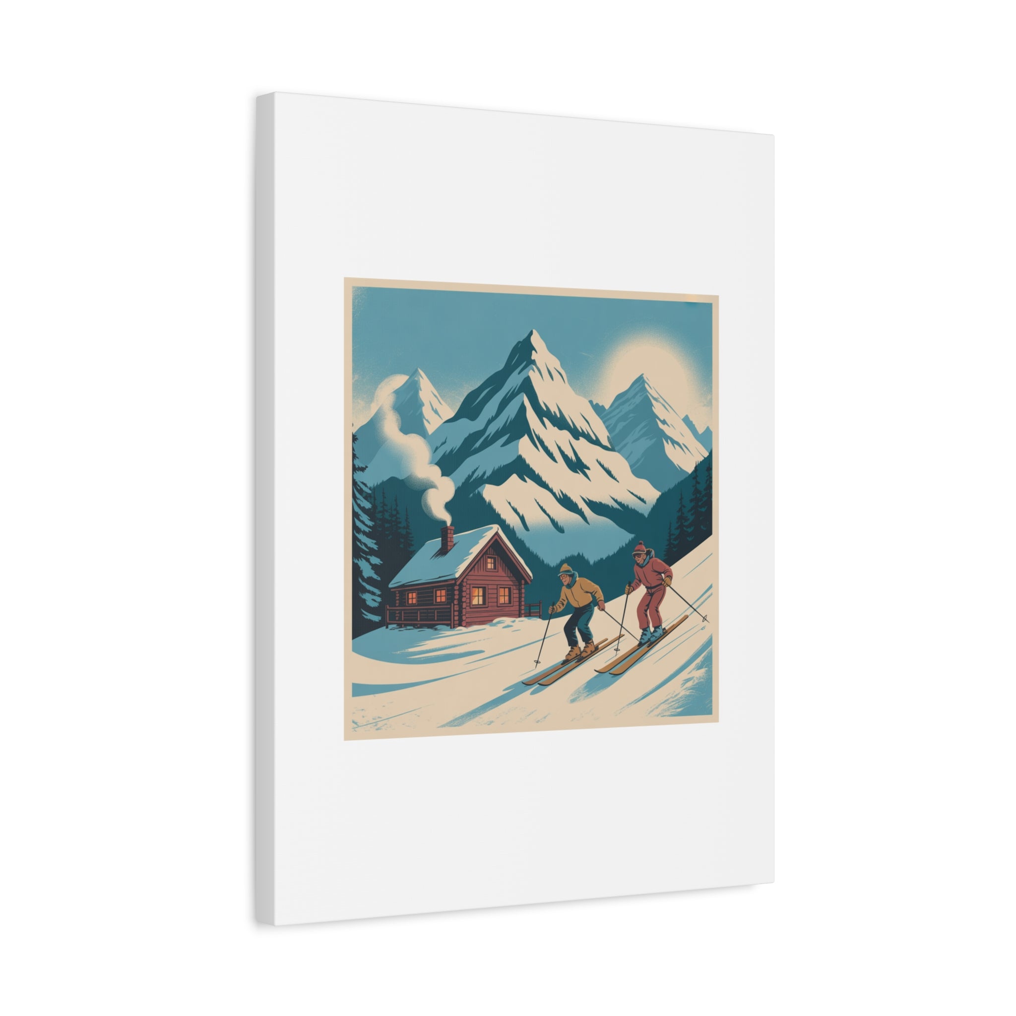 Retro Ski Mountain Canvas Print — Vintage Winter Cabin Art