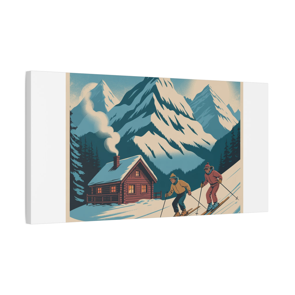 Retro Ski Mountain Canvas Print — Vintage Winter Cabin Art