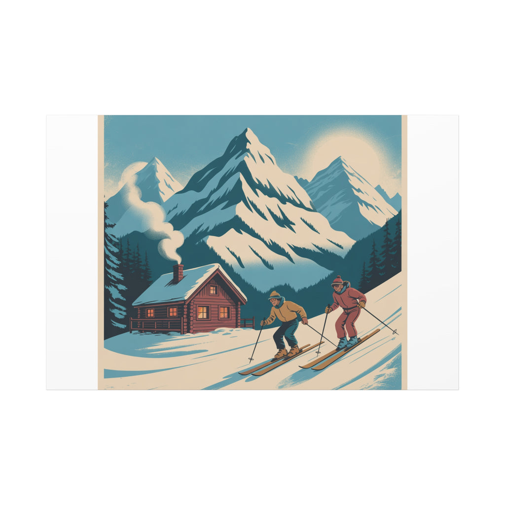 Retro Ski Mountain Canvas Print — Vintage Winter Cabin Art