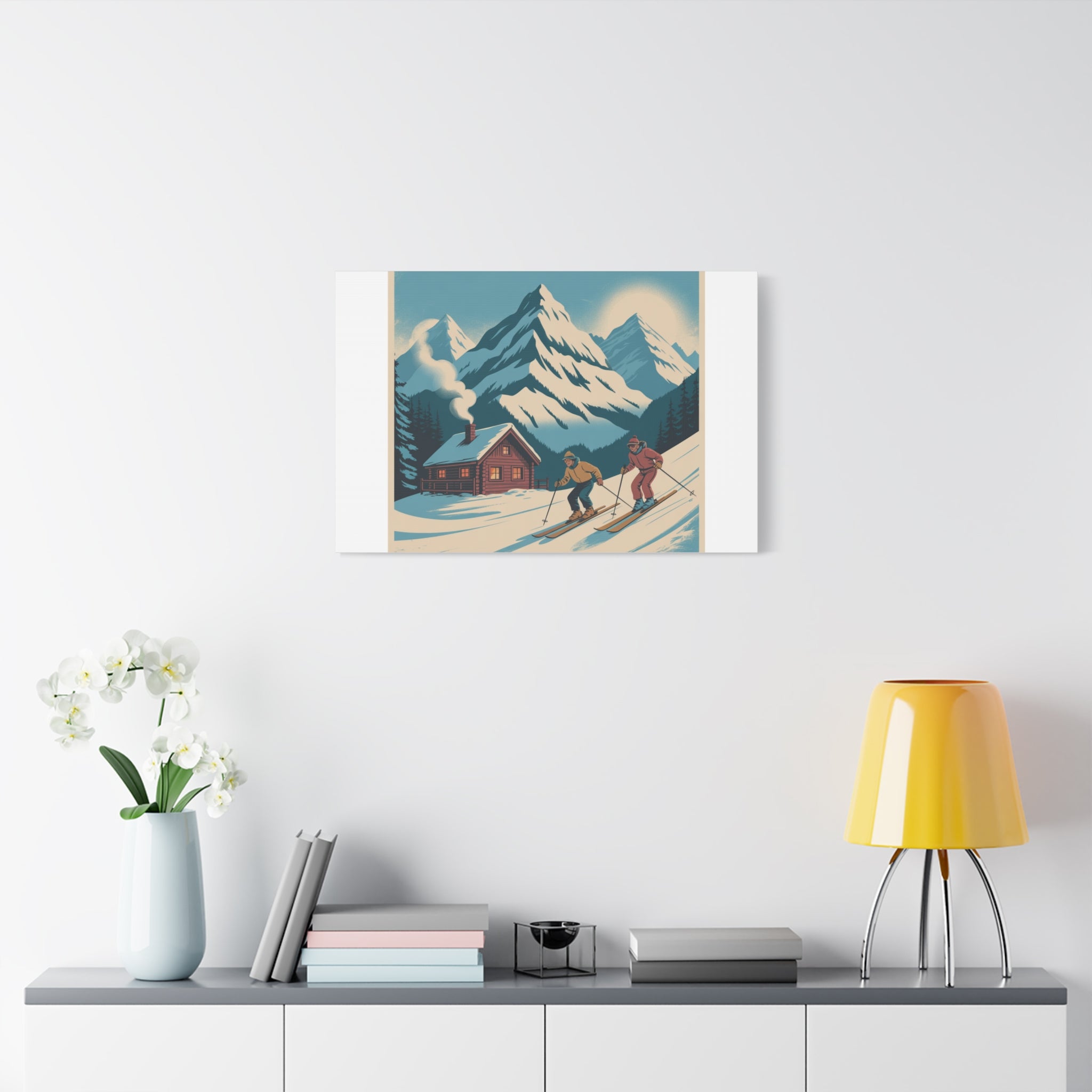 Retro Ski Mountain Canvas Print — Vintage Winter Cabin Art