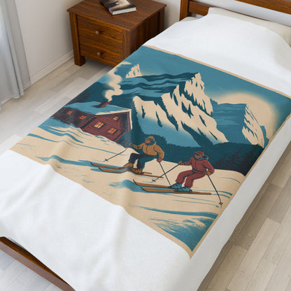 Vintage Ski Chalet Velveteen Plush Blanket — Retro Mountain Cabin Skiers