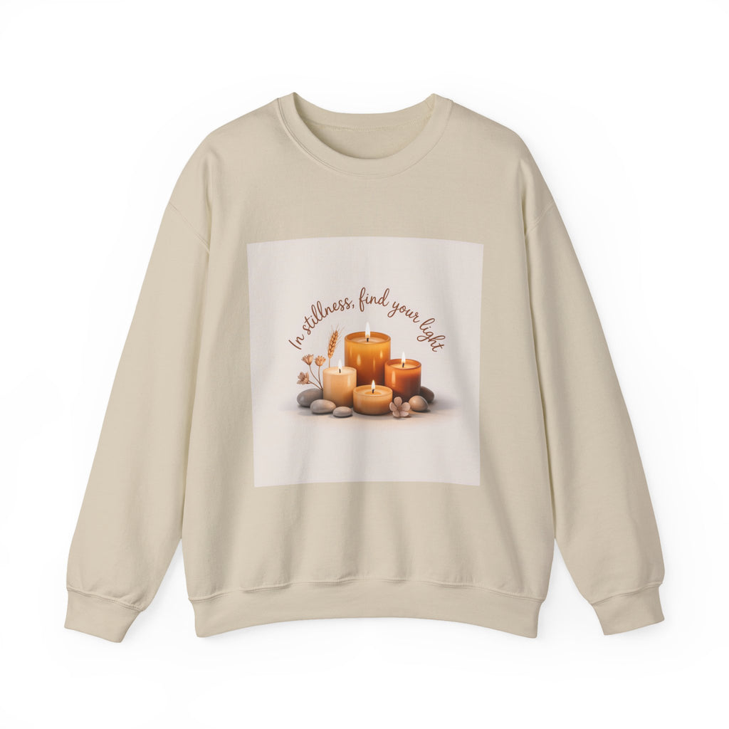Cozy Candle Crewneck Sweatshirt — "In Stillness Find Your Light" Relaxation Pullover