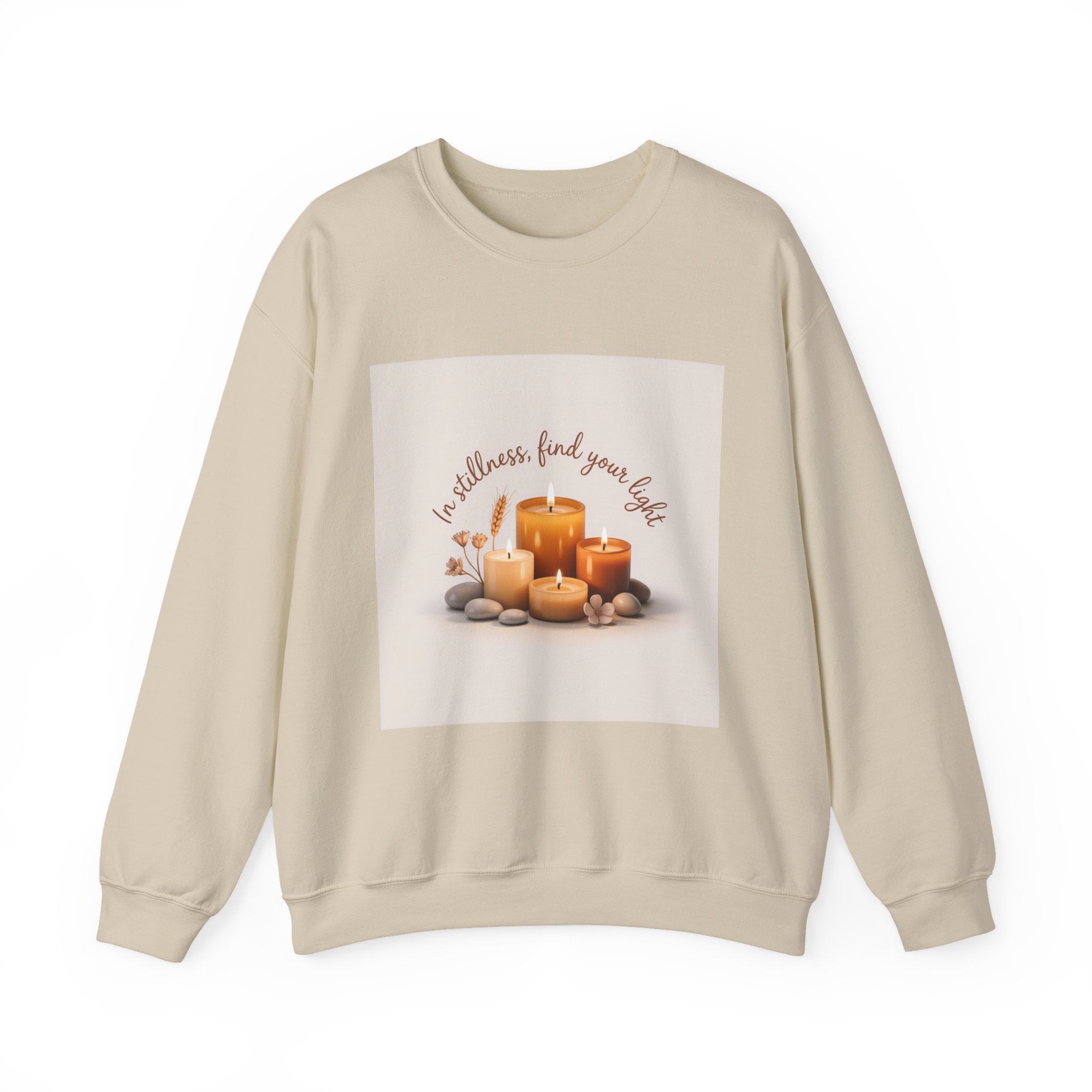Cozy Candle Crewneck Sweatshirt — "In Stillness Find Your Light" Relaxation Pullover