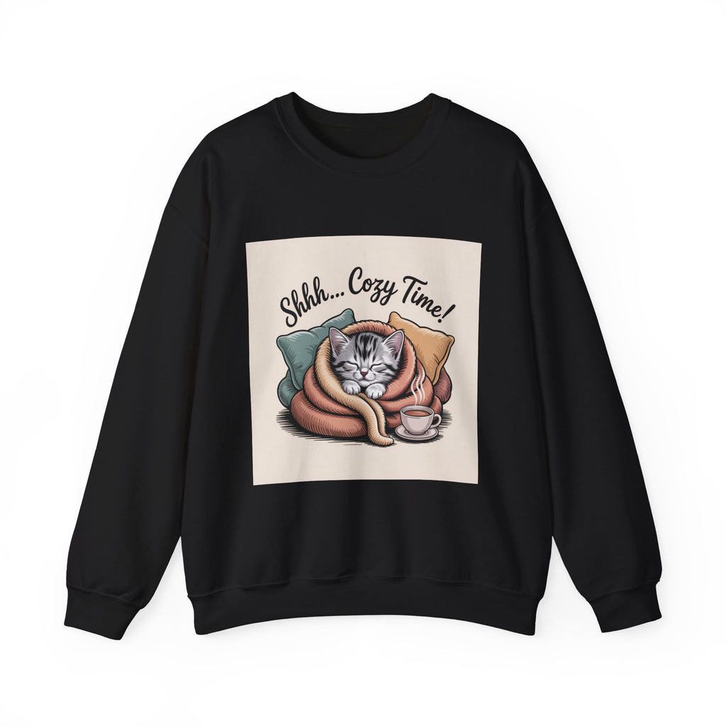 Cozy Cat Crewneck Sweatshirt — “Shhh... Cozy Time!” Graphic